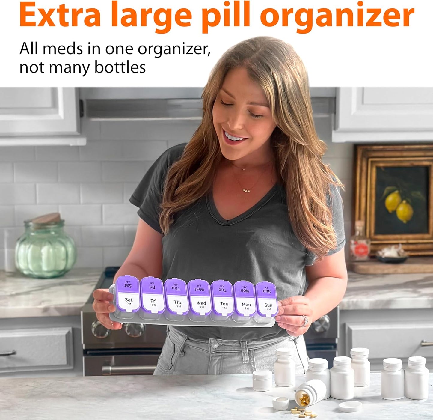 Extra Large Weekly Pill Organizer - XL Vitamin Holder with 7 Detachable AM PM Compartments - Portable Medicine Dispenser for Home and Travel, Big Supplement Container for Weekly or Daily Use, Purple