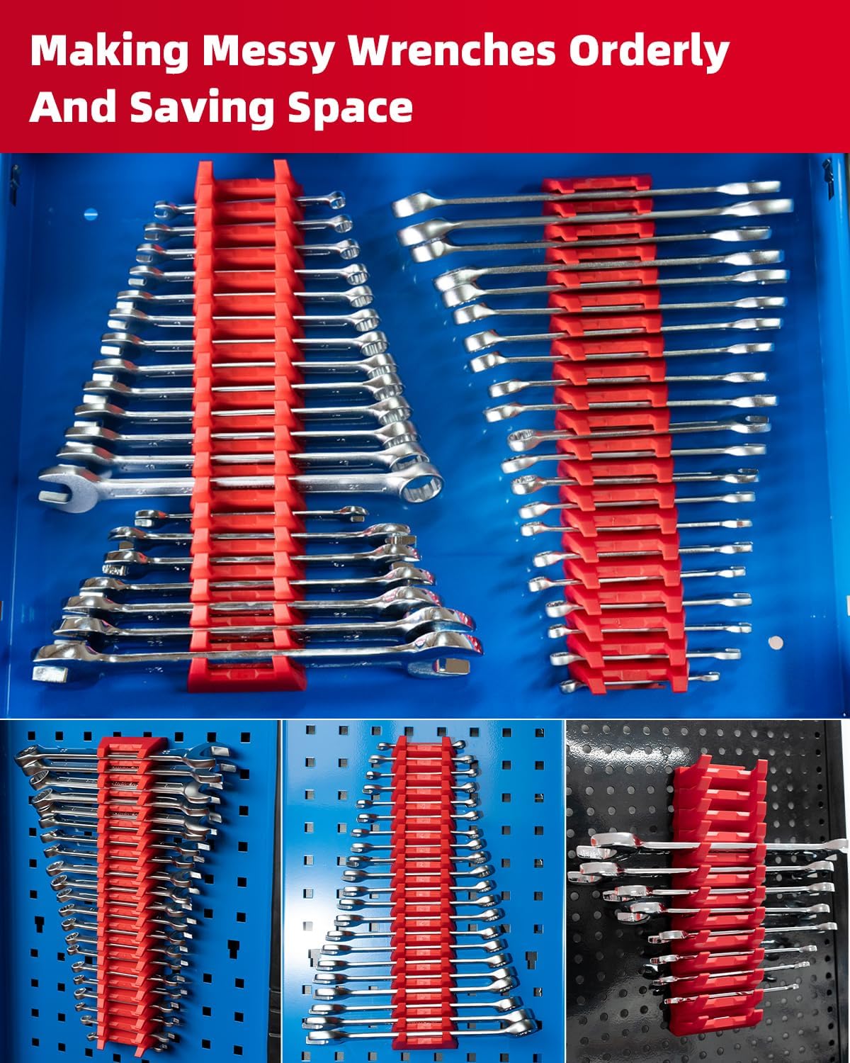 ROTATION 42PC Modular Wrench Organizer - Heavy Duty Tool Box Drawer Insert with SAE Metric Labels, Professional Mechanics Tool Storage System, Expandable Grid Holder