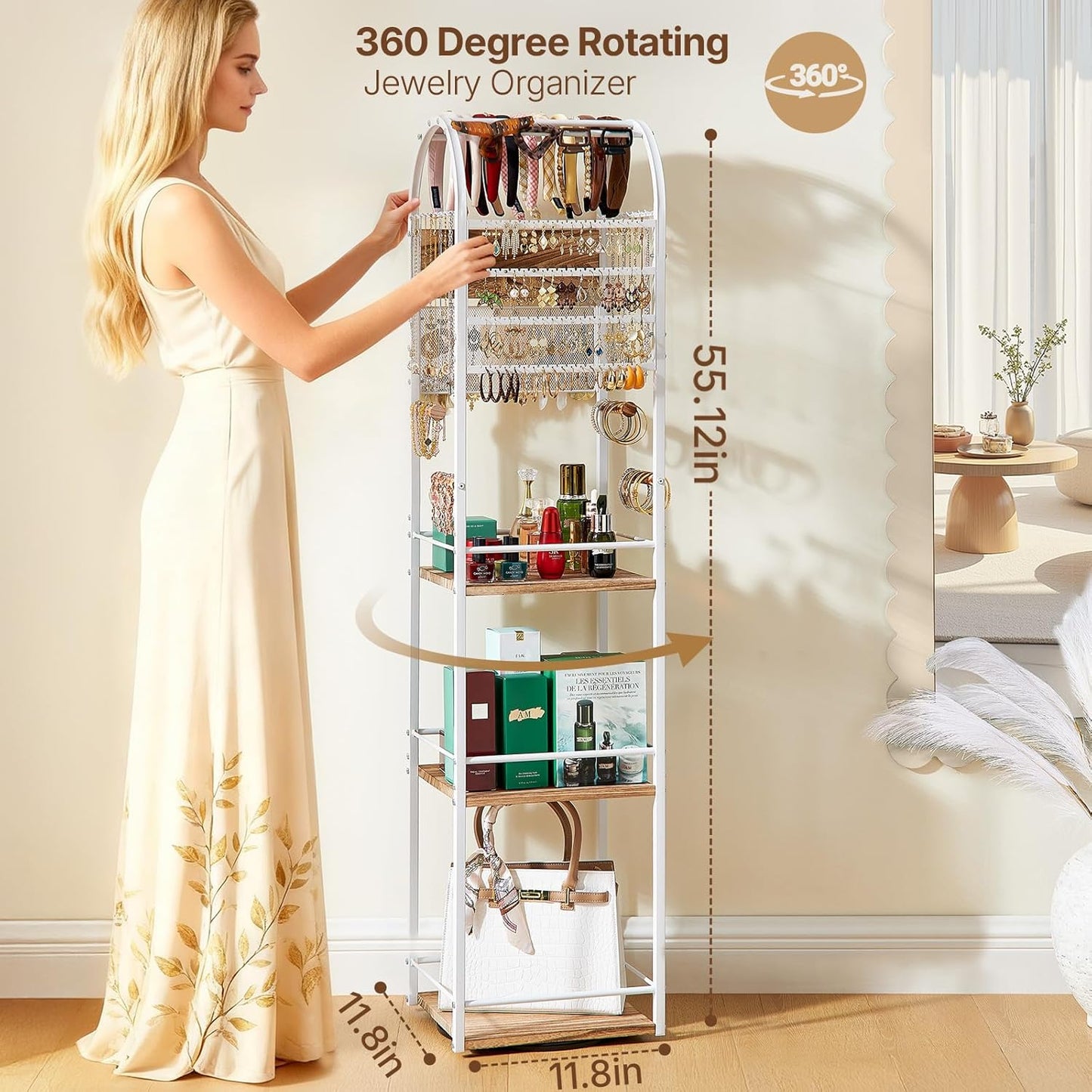 Jewelry Organizer Stand, 360° Rotating Floor Jewelry Holder with Earring Organizer Necklace Holder, 3 Floors Large Jewelry Stand Bracelet Ring Organizer, Women Jewelry Tree Organizer