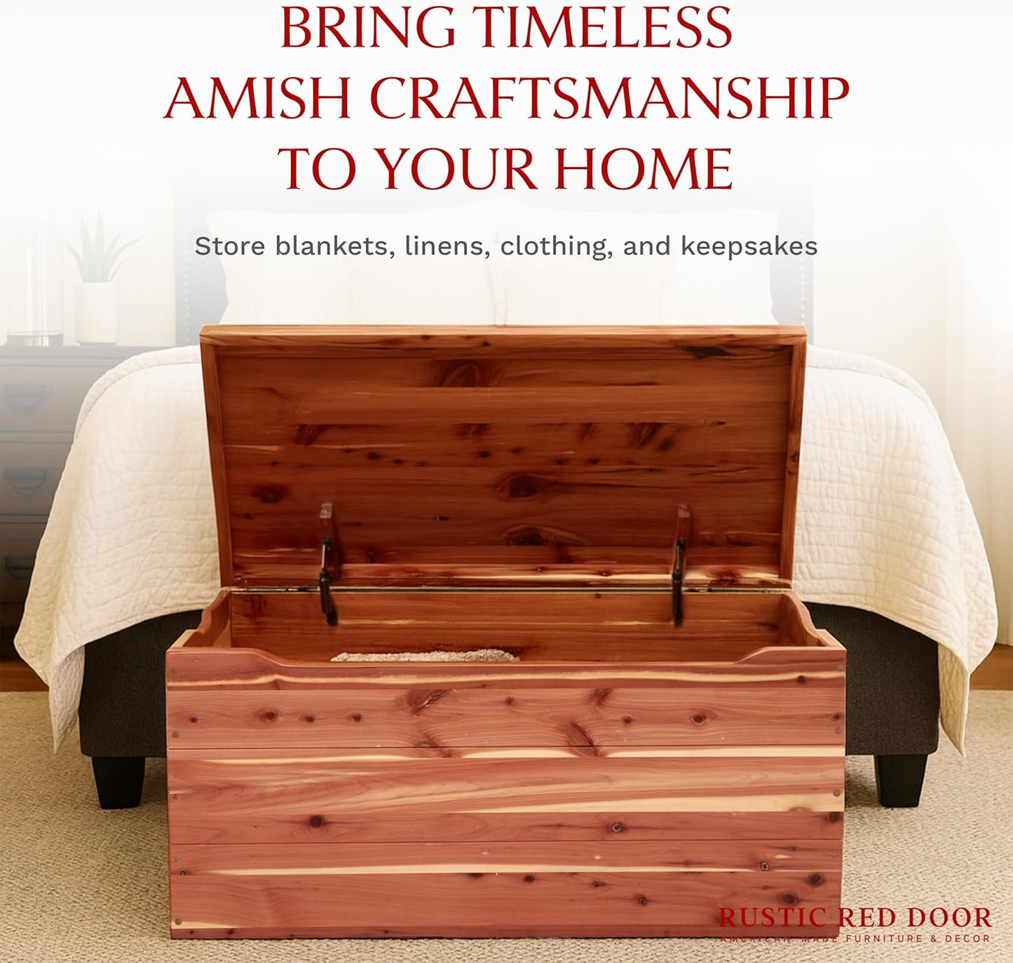 Amish Made Wooden Storage Chest Trunk Box with Lid and Handles for Bedroolanket, Clothes, Anti-Slam Hinges, Handmade, Rustic, Cedar Wood, Natural Stain, 36"
