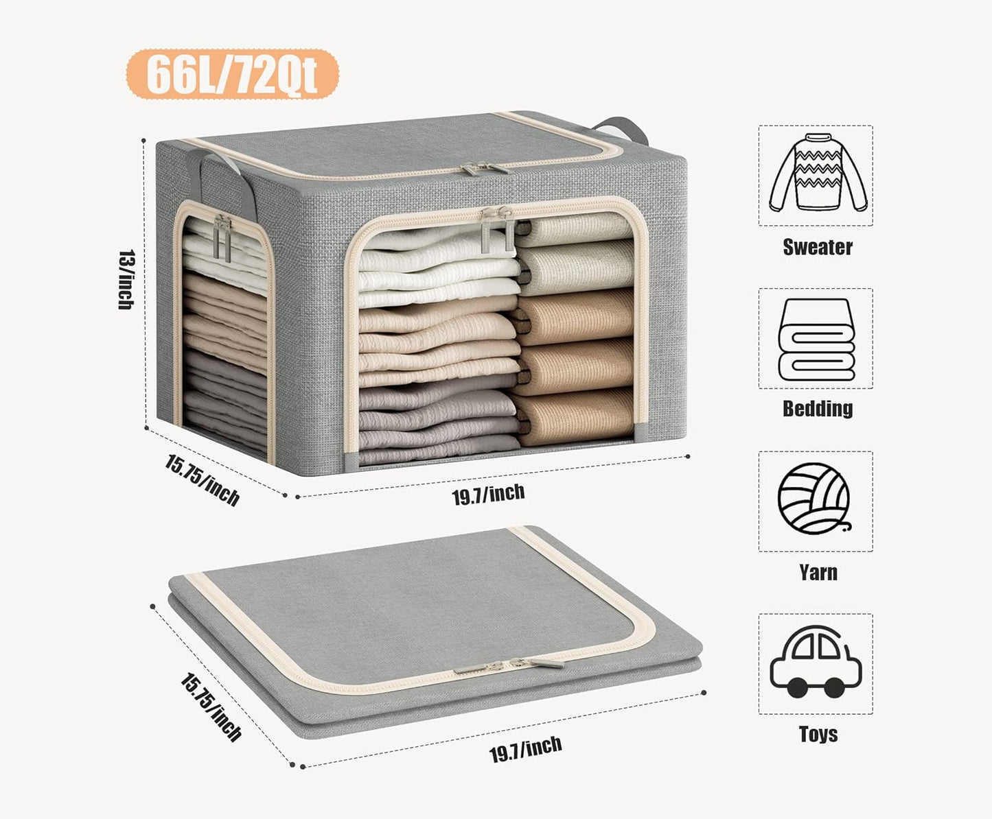 3 Opeings Large Clothes Storage Bins with Metal Frame, Foldable Storage Bin for Clothes, Clothing Storage Bins with Lid, Linen Storage Box With Clear Window＆ Zippers＆ Handles.(3 Pcs,Light Grey,66L)