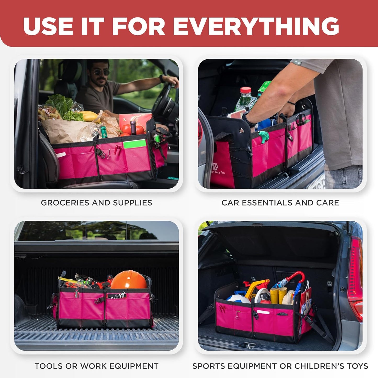 TRUNKCRATEPRO Pink Car Accessories For Women, Trunk Organizer For Car, Suv, Jeep Premium Adjustable Multi Compartments Collapsible (Large Capacity)
