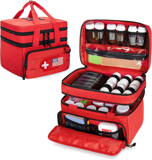 CURMIO Tactical Pill Bottle Organizer Case, Double Layers Medicine Storage Bag for Medication Bottles, Vitamins, Medical Supplies, Red (Bag Only)