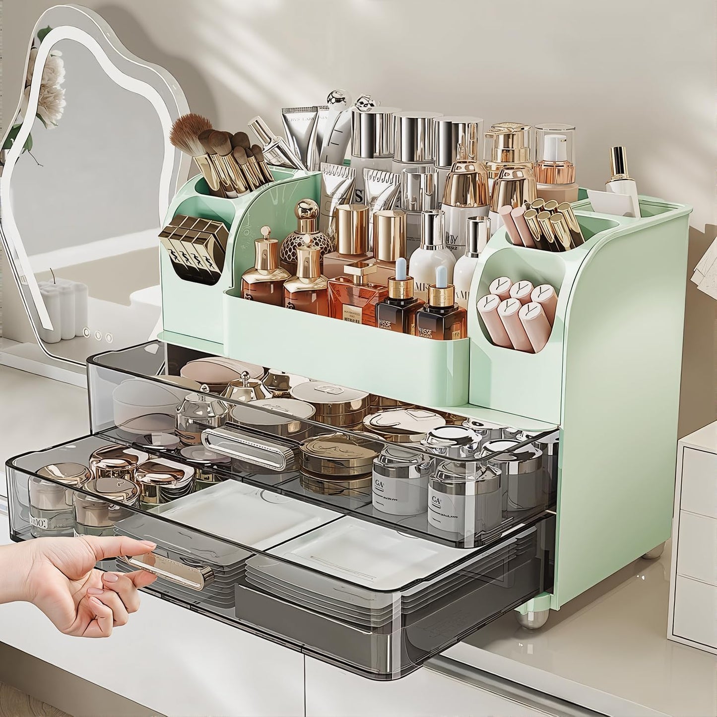 Makeup Organizer with Drawers for Vanity,Bathroom Countertop Organizer with Brushes Holder,Skincare Storage Organizer,Perfect Cosmetic Display Case for Skincare,Lipstick and Beauty Essential (Green)