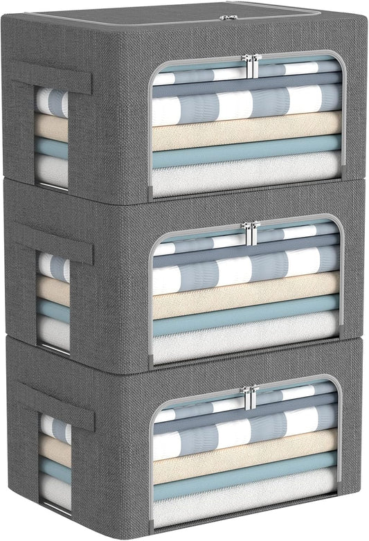 CYhom 3Pack Foldable Storage Bins - Frame Storage Box Linen Fabric Stackable Clothes Container Organizer with Clear Window & Carry Handles Large Capacity (Small-22L, Dark Gray)