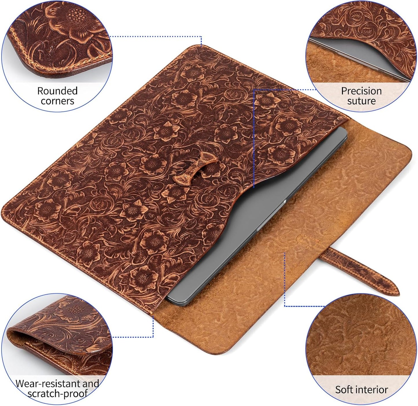 Genuine Leather Laptop Sleeve,Compatible with MacBook Pro 16 Inch M4 M3 M2 M1 Pro/Max＆MacBook Air 15 Inch M4 M3 M2 Cover,Vintage Protective Computer Case with Floral Pattern,Buckle Brown