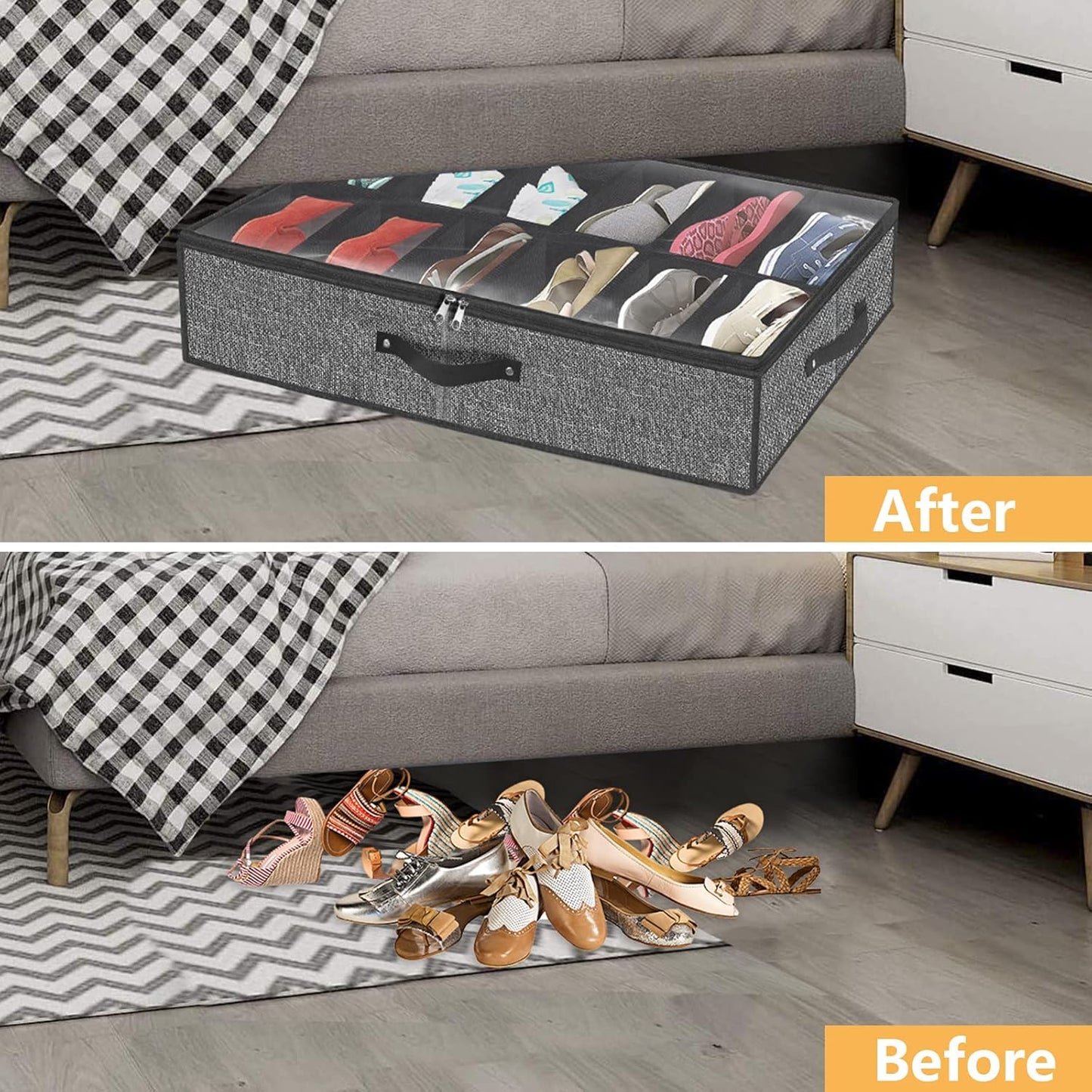homyfort Under Bed Shoe Storage Organizer Fits 12 Pairs- Underbed Shoe Container Solution Shoes Box Bins with Clear Window for Sneakers,High Heels,Flip Flop(Black)
