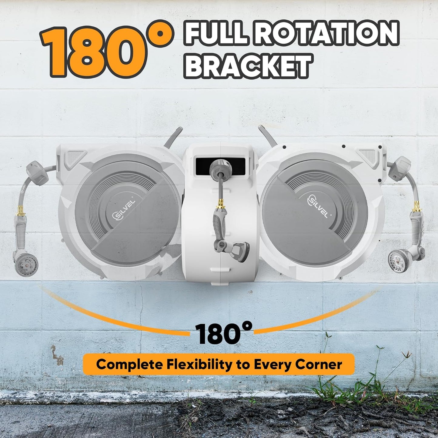 SILVEL Retractable Garden Hose Reel – 1/2 in x 150FT Heavy Duty Automatic Hose Reel Wall Mounted, Upgraded UV Resistant with 10 Pattern Nozzle, Any Length Lock & Slow Return System, 180°Swivel Bracket