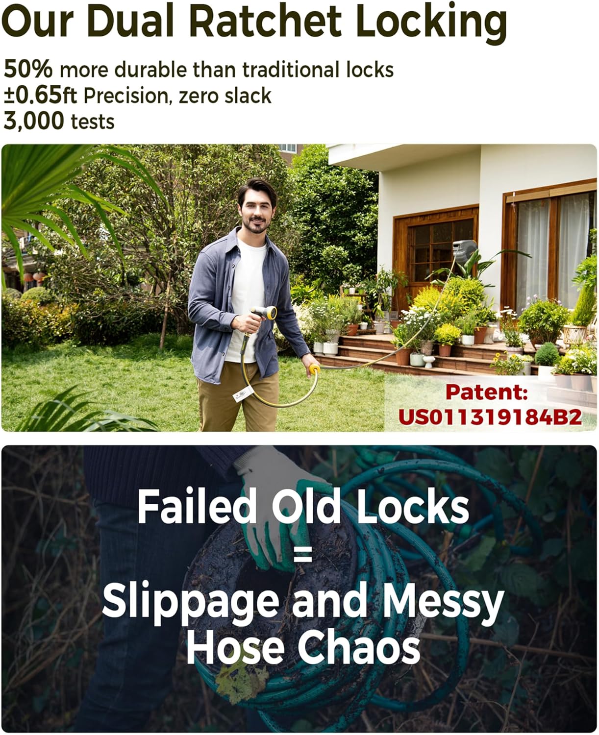 Retractable Garden Hose Reel 5/8 in x 50 ft Upgraded UV Resistant Heavy Duty Automatic Hose Reel Wall Mount 3/4 in Brass Fitting 9 Pattern Nozzle Any Length Lock Slow Retraction 180° Swivel