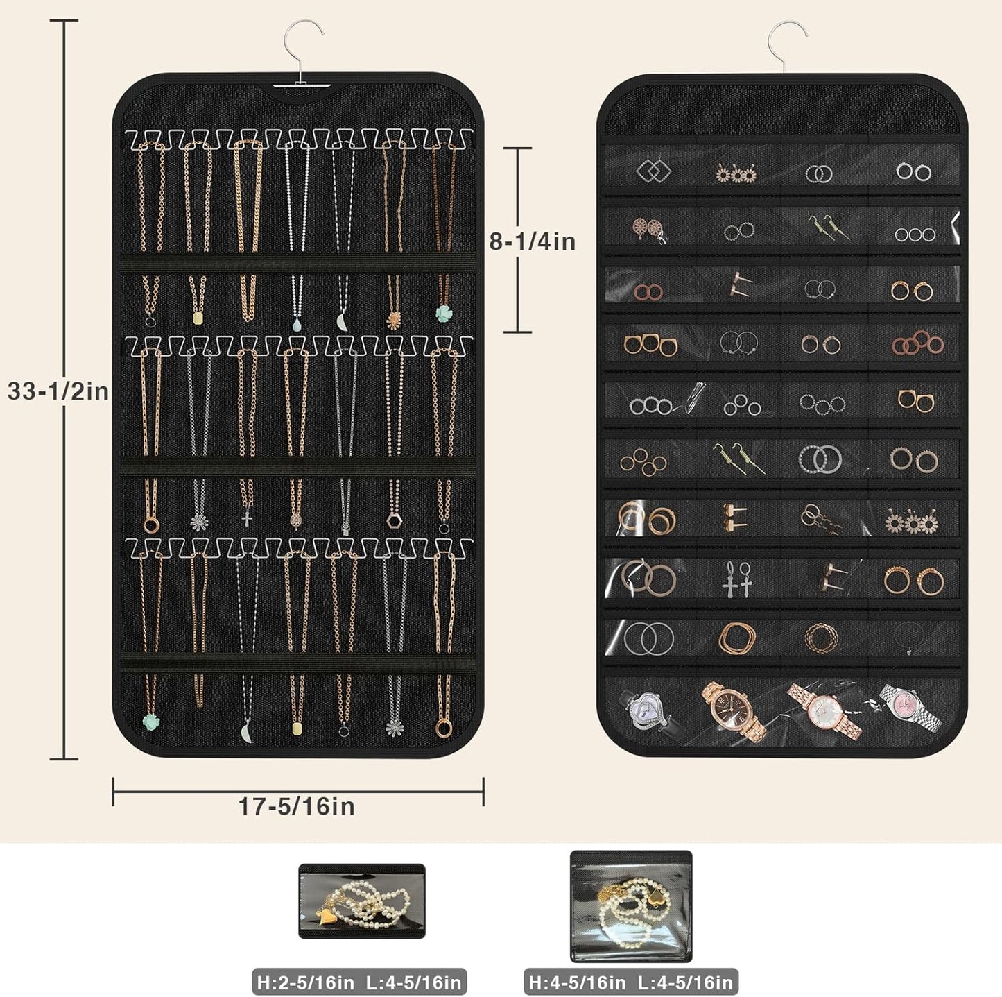 Hanging Jewelry Organizer Storage, 40 Pockets 36 Hooks Necklace Earring Necklace Bracelet Ring Organizer, Double - Sided Design, Black