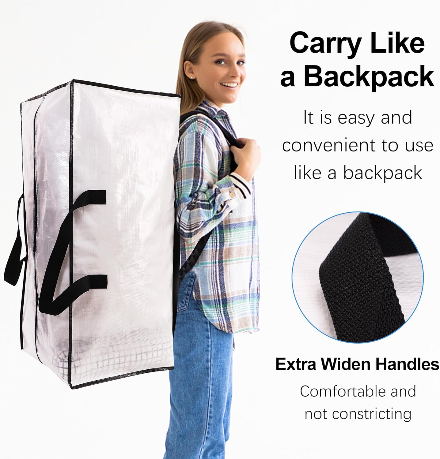 12 Pack Heavy Duty Large Moving Bags W/Backpack Straps - Strong Handles & Zippers, Storage Totes, Fold Flat, Alternative to Moving Box and Storage Bin, Semi-Transparent+Blue+Black