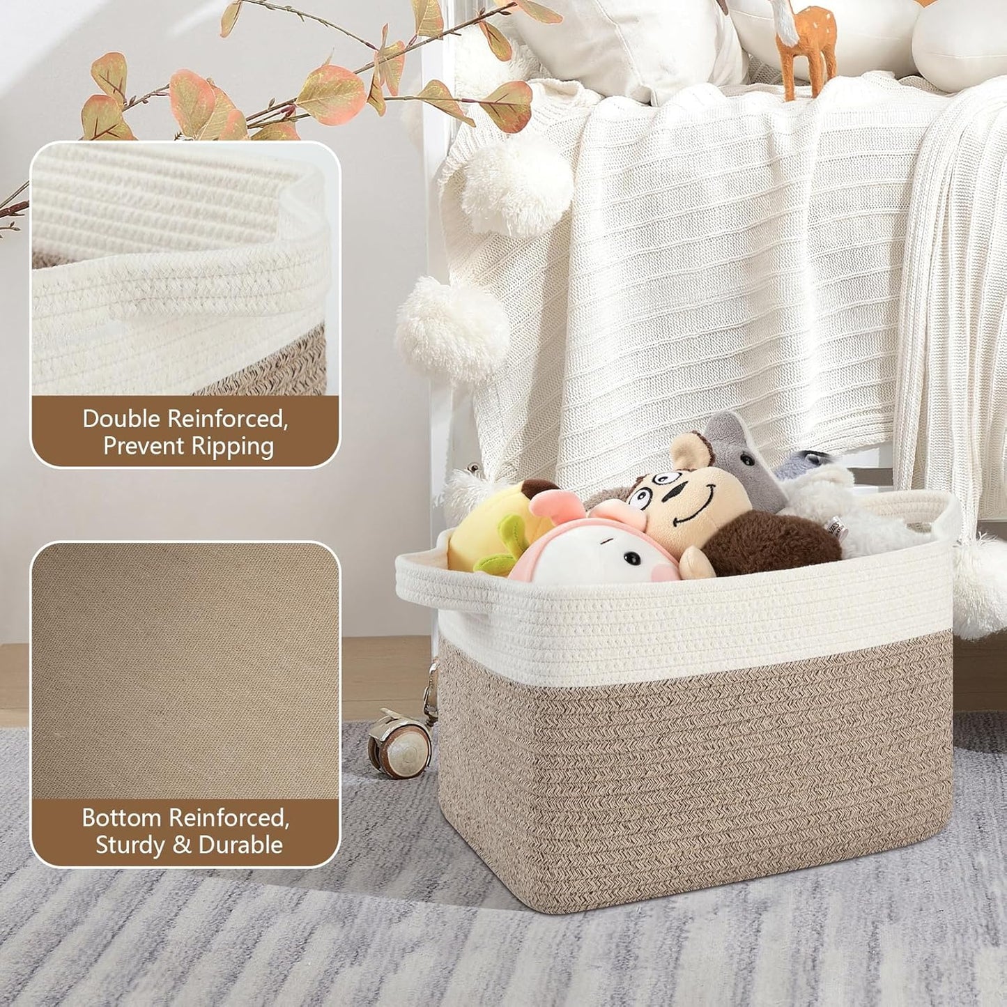 Storage Baskets for Organizing, Woven Baskets for Shelves, Rectangle Decorative Organizer for Storage Clothes, Toy, Books, Towels Nursery Bins 3 Pack (Brown & White, 13"x9.85"x8.7")