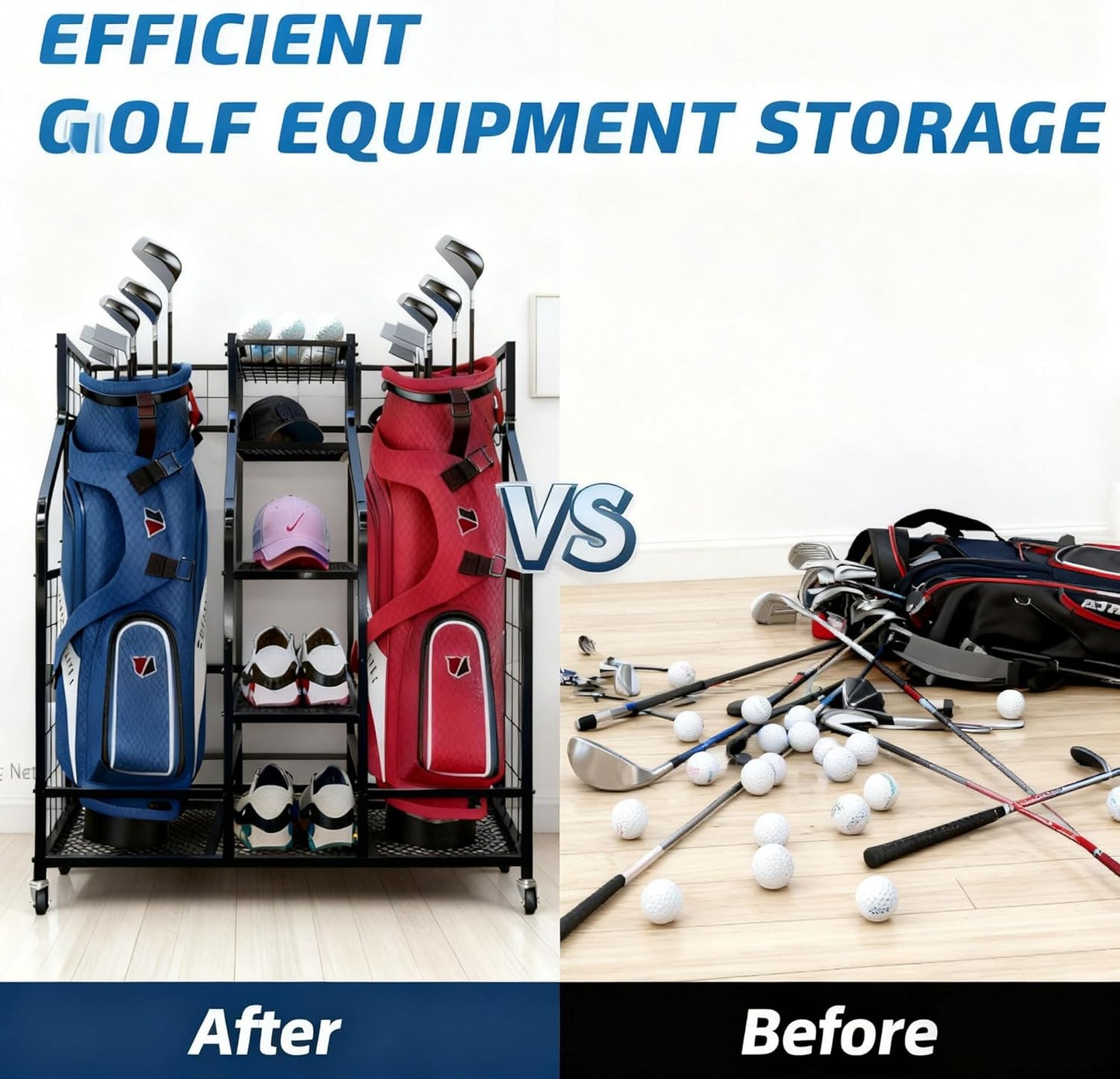 Golf Bag Storage Organizer Stand - Heavy Duty Steel Rack Holds 2 Golf Bags with Central Storage Shelf for Golf Balls, Shoes & Accessories, Space Saving Garage Golf Club Equipment Holder