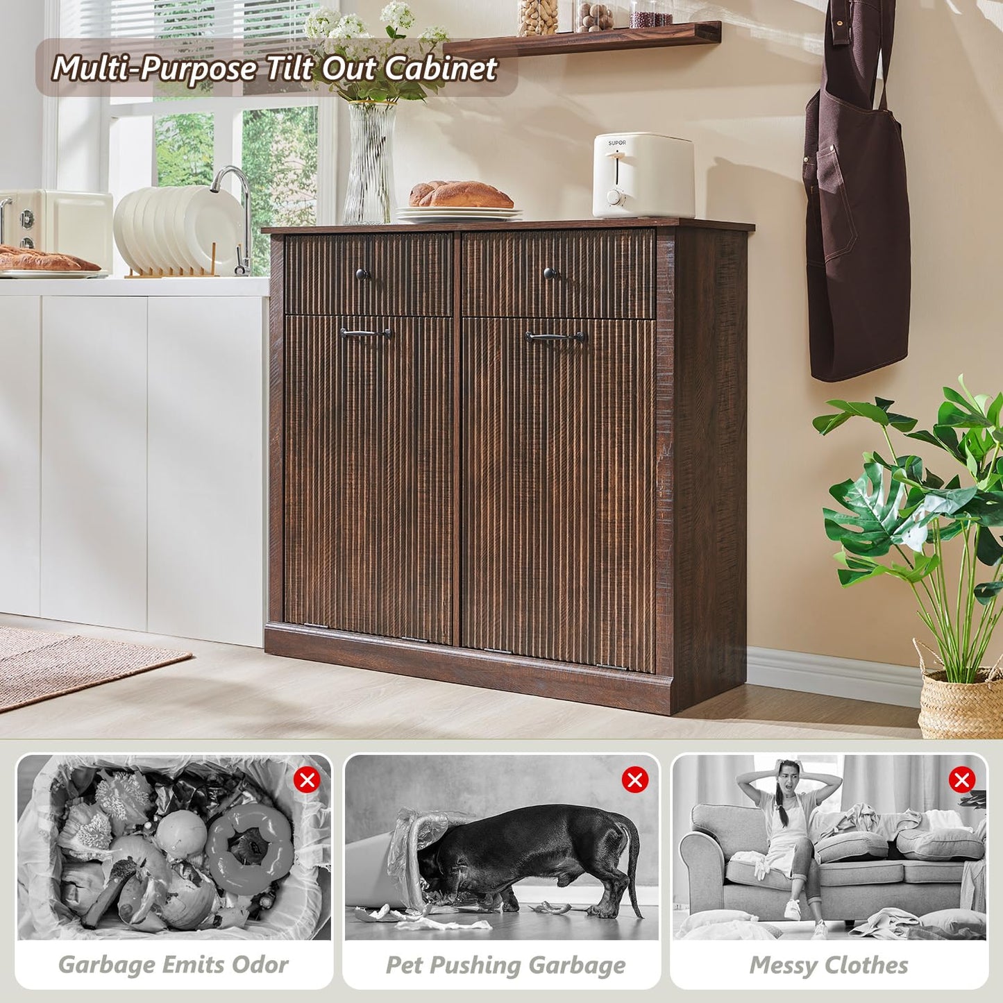 Modern Double Tilt-Out Trash Cabinet, 20 Gallon Fluted Laundry Hamper Cabinet with 2 Drawers, Wooden Hidden Garbage Can Cabinet w/Storage Basket,Free Standing for Kitchen & Living Room, Brown
