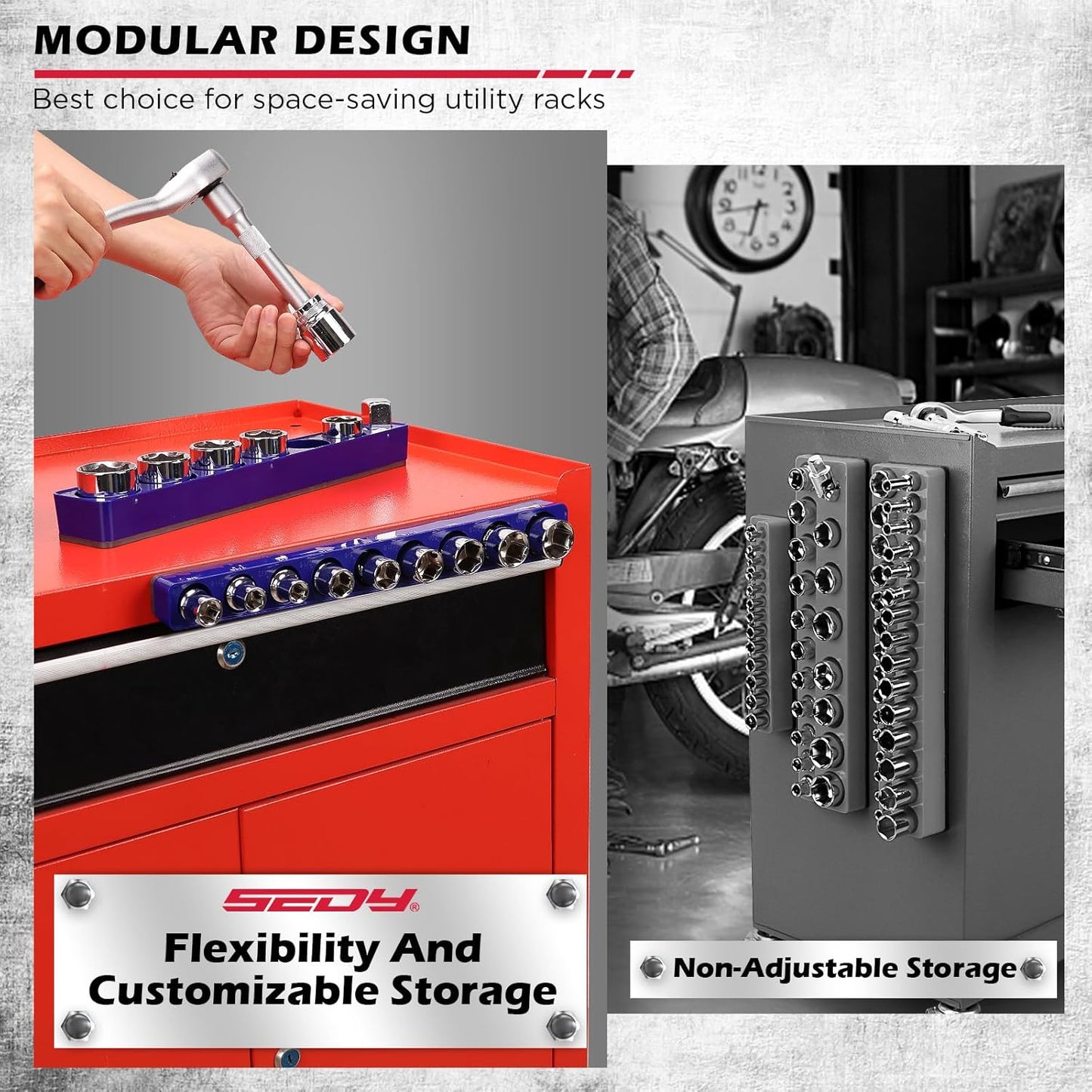2-Piece 1/2"-Drive SAE Magnetic Socket Organizer Set (Holds 16 Sockets) - Detachable Tool Tray with 5mm Magnetic Base, Screw-Fixed Design & Heavy-Duty Modular Storage for Garage/Home Workshop