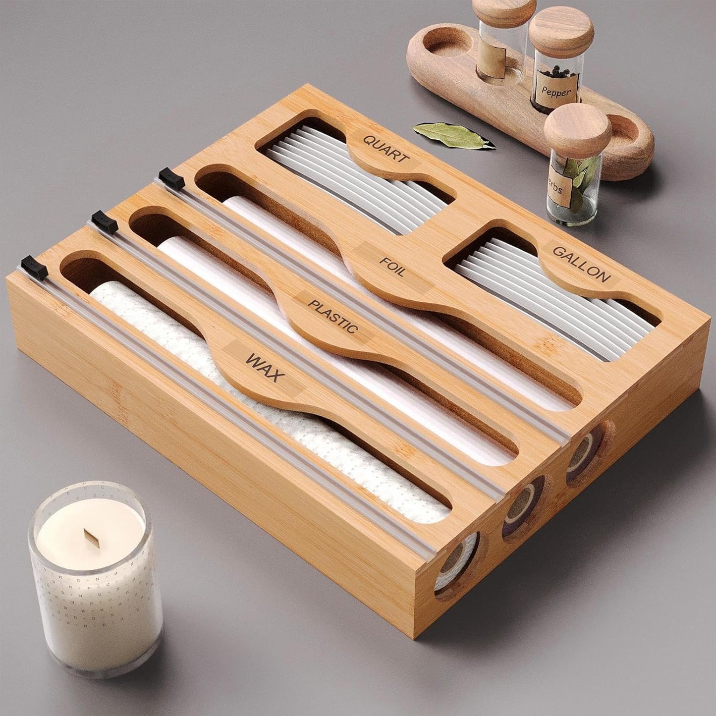 Foil Dispenser – Wood 40x31.6x7.2cm | Wrap Organizer With Cutter | Roll Organizer Holder For Aluminum F-oil - Large-Capacity Aluminum Foil Wax Wrap Holder | 5-in-1 Multifunctional Kitchen Or-ganizer