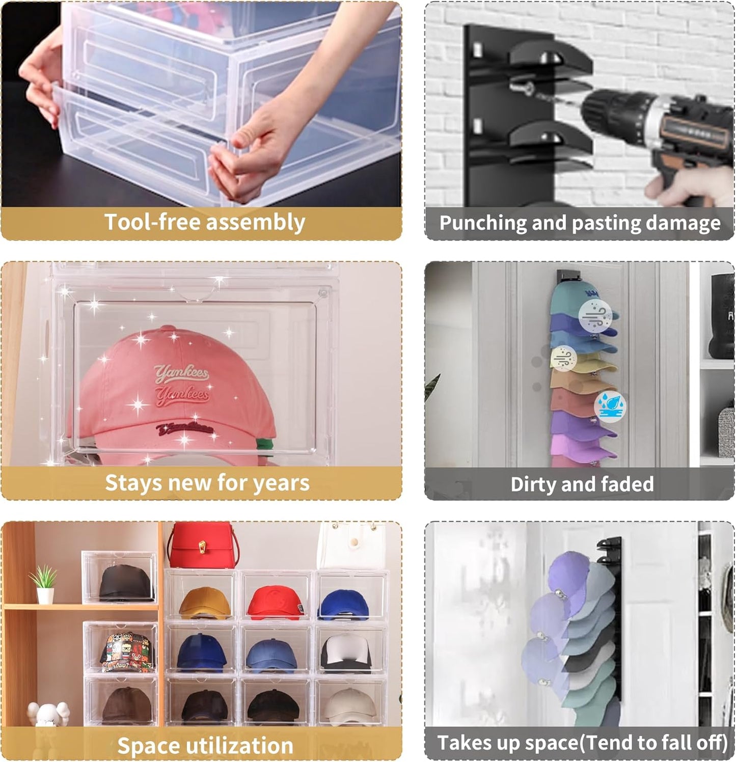 Attelite Upgrade Harder Solid Plastic Hat Organizer for Baseball Caps, 8 Pack Stackable Hat Storage Box with Clear Magnetic Door, Hat Rack(XL-Clear)