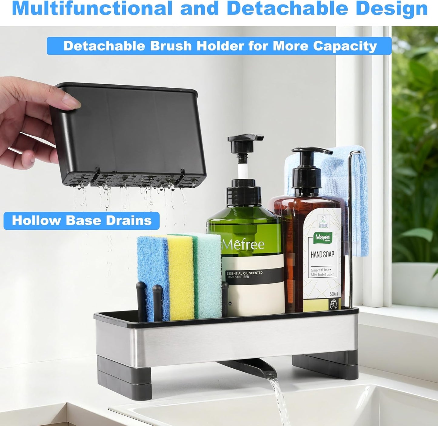 Kitchen Sink Caddy Organizer with Dish Brush Holder, Stainless Steel Sponge Holder with Dish Cloth Rack, Soap Sponge Caddy for Kitchen Countertop Sink Organizer and Storage Essentials