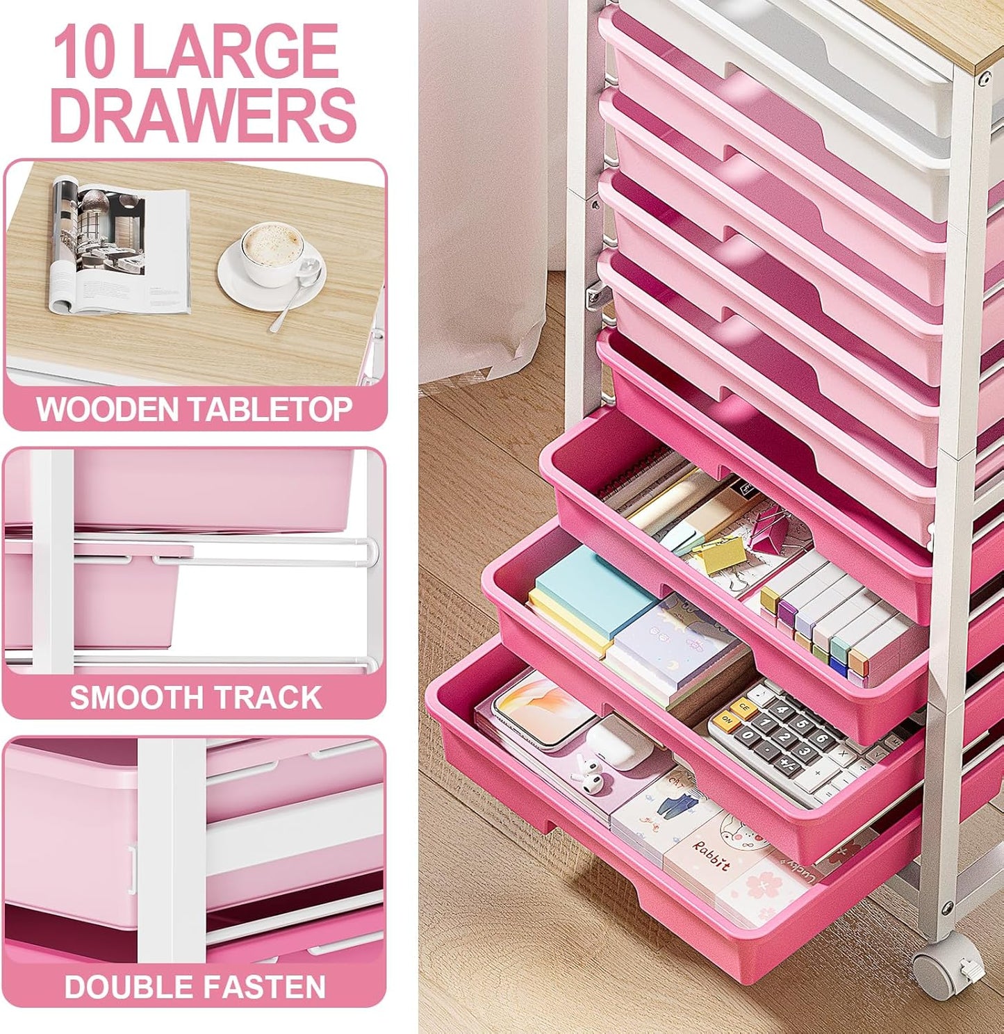 Rolling Cart with Drawers,10 Drawer Rolling Cart,Storage Cart,Utility Cart,Teacher Cart for Classroom Storage,Craft Cart with Wheels and Wooden Tabletop,Pink