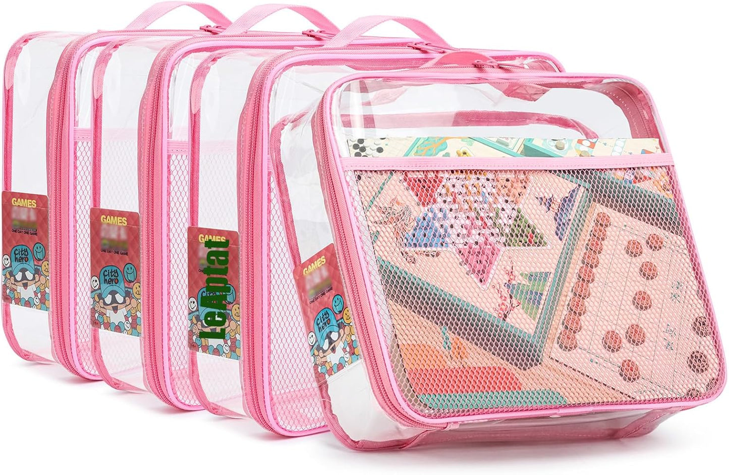 4 Pack Clear PVC Zippered Toy Storage Bags for Toy, Kids Toy, Building Blocks, Puzzle, Clay, Board Game Storage Organizer Travel Waterproof Toy Bag With Name Tag Pocket (Pink, Samll)