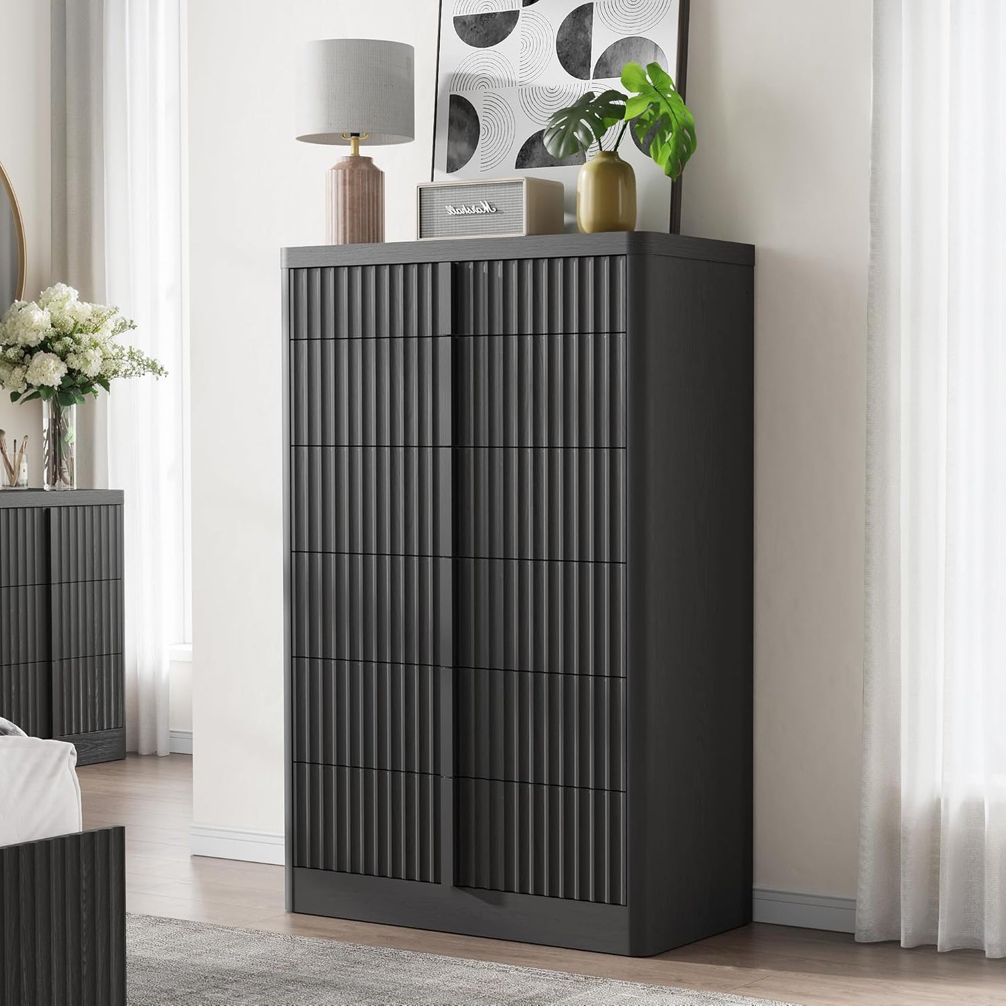 Fluted Dresser for Bedroom, 48" Tall 6 Drawer Dresser, Modern Chest of Drawers with Solid Wood Handle, Curved Profile Design, Wood Dressers Storage Organizer, Living Room, Hallway, Black