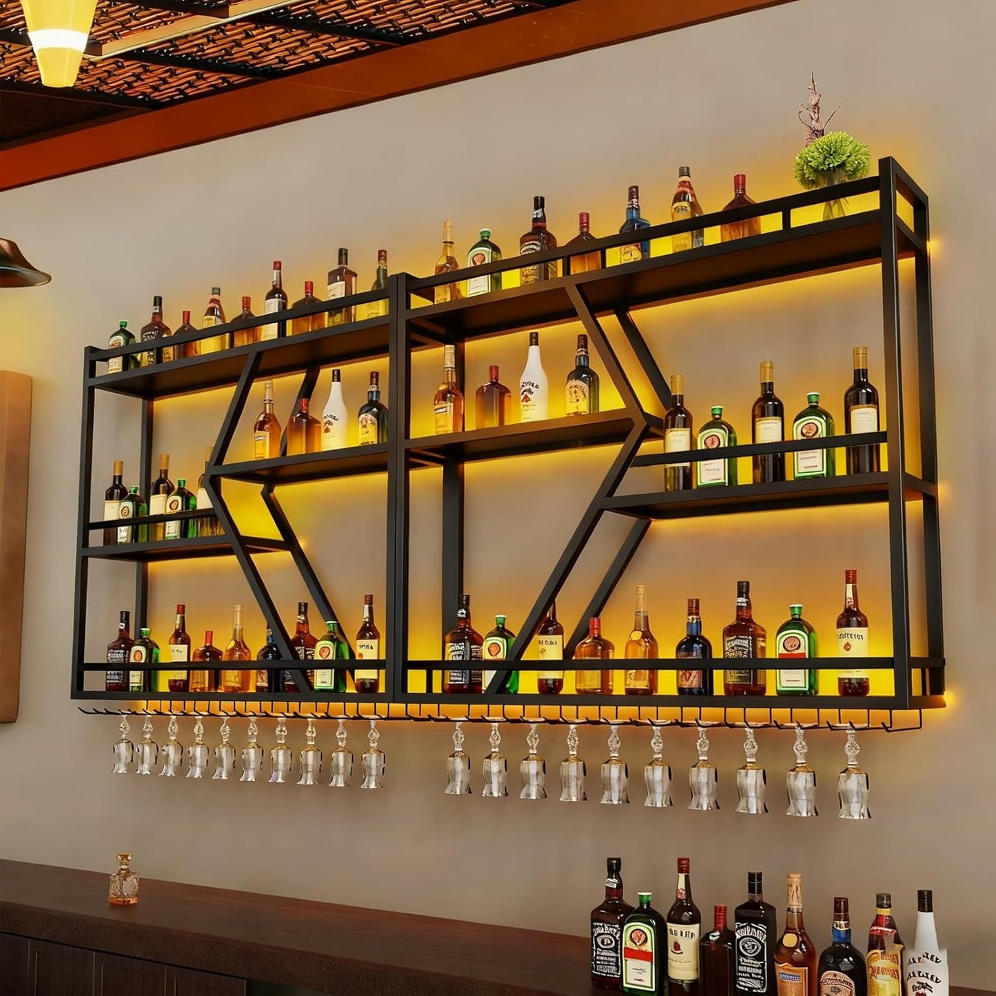 78.7in Metal Wine Rack Wall Mounted, Modern Wine Storage Rack Wall Mounted with Wine Glass Holder, Liquor Shelf, Bar Shelves for Liquor Bottles (3TIERS Black, 78.7 * 7.87 * 33.85INCH)