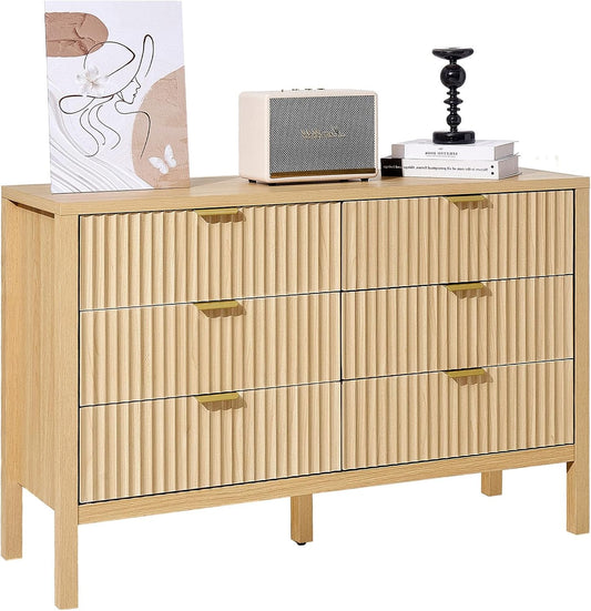 VEVOR Fluted Dresser with 6 Drawer, 47" Wide Chest of Drawers with Golden Metal Handle, Modern Closet Dresser TV Stand, Boho Wood Storage Organizer for Bedroom, Living Room, Hallway, Entryway, Natural