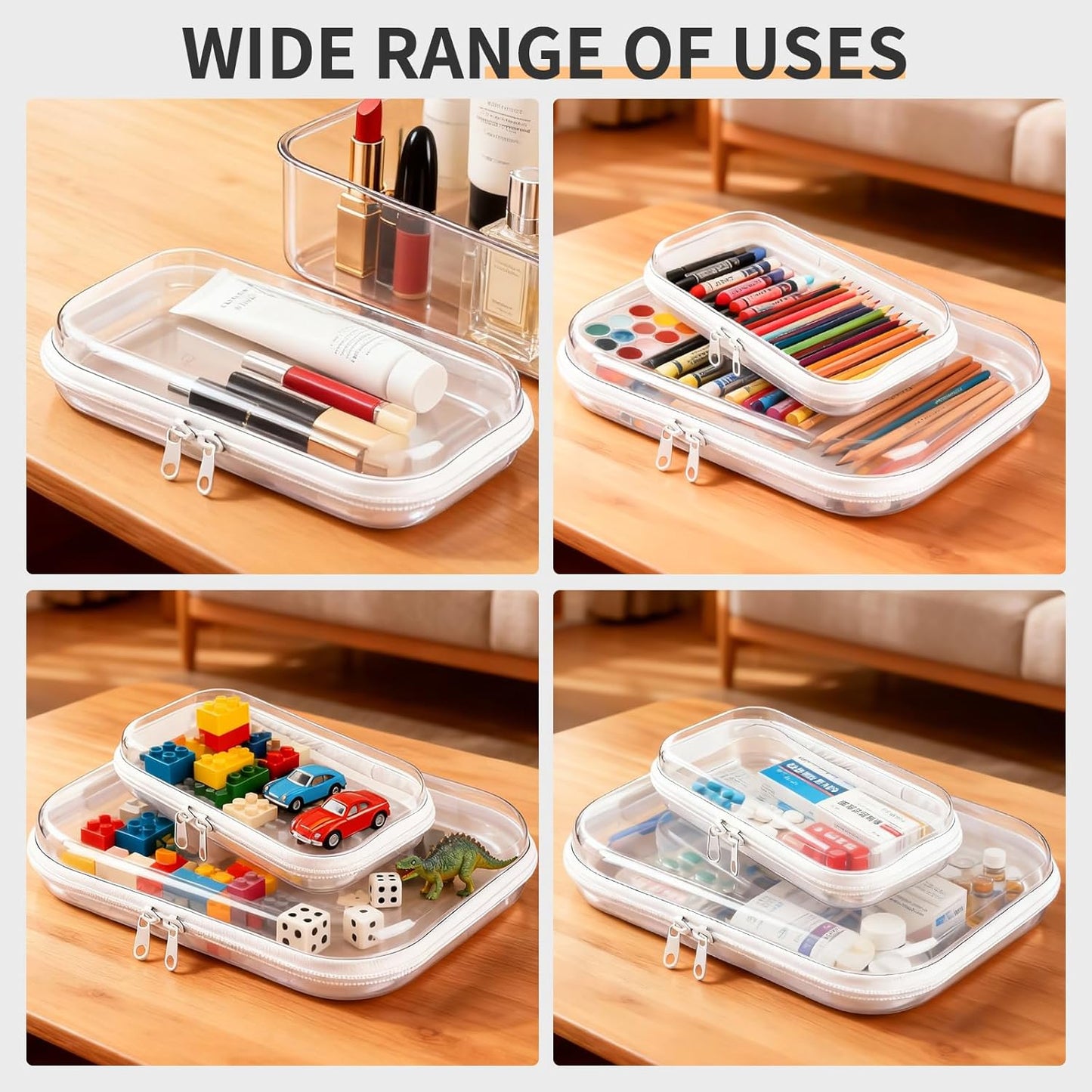 2 PCS Clear Electronics Organizer Travel Case, Waterproof Cable Storage Box with 8 Wire Ties, Hard Shell Zipper Cases for Cord, Phone, Airpods, Mouse, Toiletry Pouch, Cosmetic Bag, Medium & Small