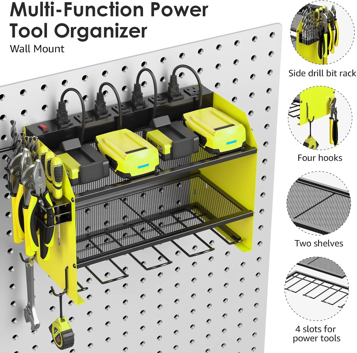 CCCEI Modular Power Tool Organizer Wall Mount with Charging Station. Garage Drill Storage Shelf with Hooks, Heavy Duty Rack, Tool Battery Holder Built in 8 Outlet. Gift for Men. Green, 2 Pack.
