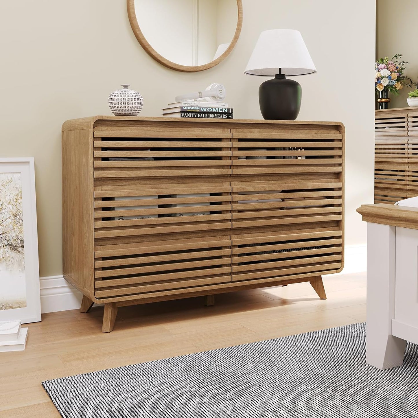 3 Piece Bedroom Set, Dresser and Nightstand Sets, Fluted 6 Drawer Dresser and Nightstand Set of 2, Wood Wide Chest of Drawers Storage Organizer Cabinet Set, Natural Oak