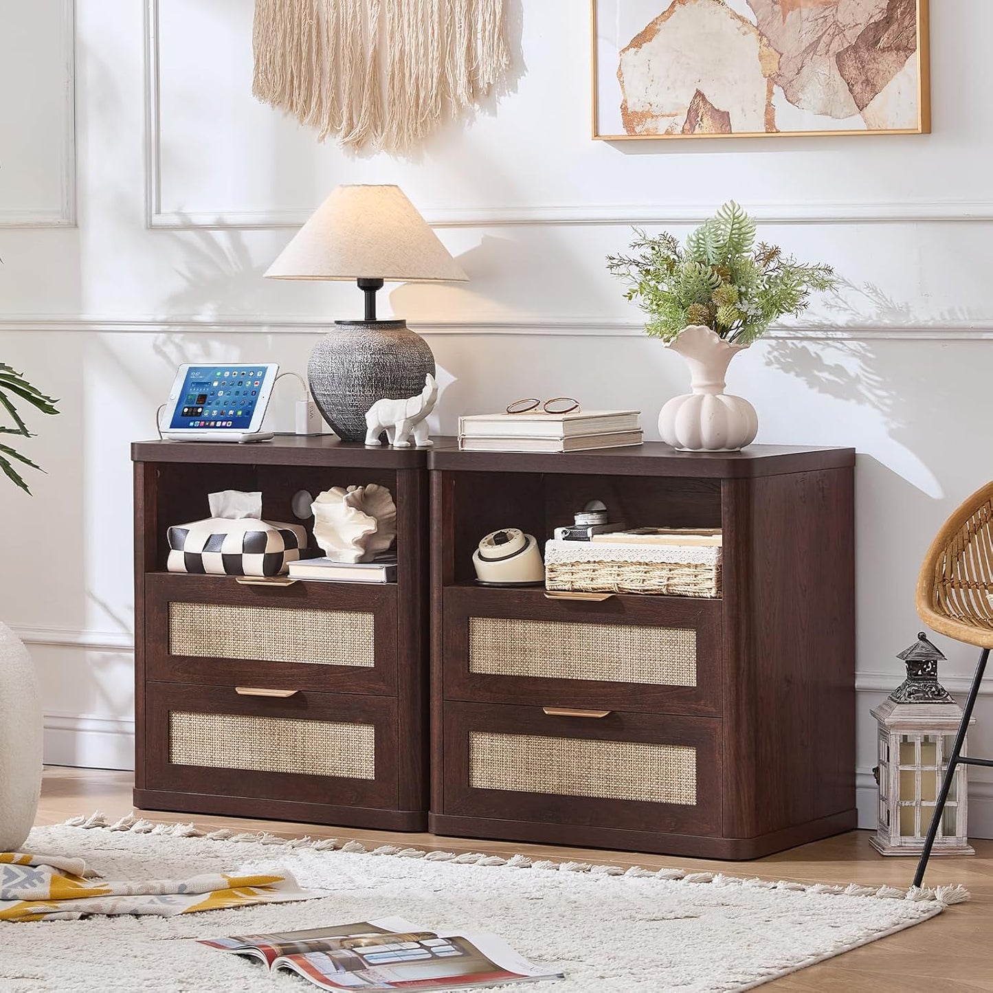 LEYAOYAO Rattan Nightstands Set of 2 with Charger Station, 23" Wide Boho Night Stand with 2 Drawers, Bedside Table Open Shlef, Bed Side End Table Dresser for Bedroom, Living Room Hallway, Walnut