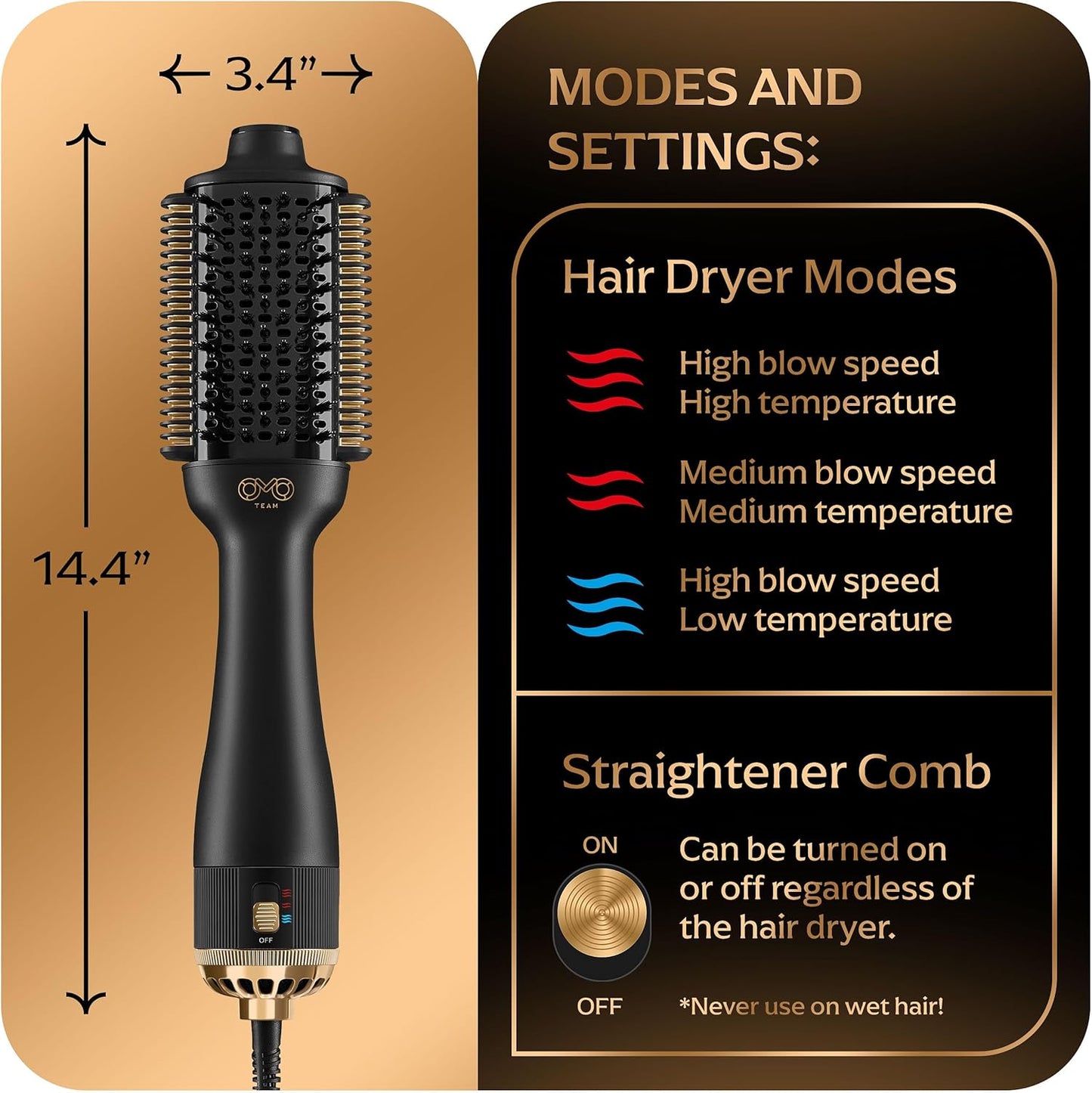 Blowout Brush Hair Dryer, 4-in-1 Blow Drying Brush, Authomatic Dual Voltage, Ionic Hair Straightener w/No Heat Damage, Light 1.3 lb Blowout Tool, Blow Dryer Curling Wand, Hot Air Styler for All Types