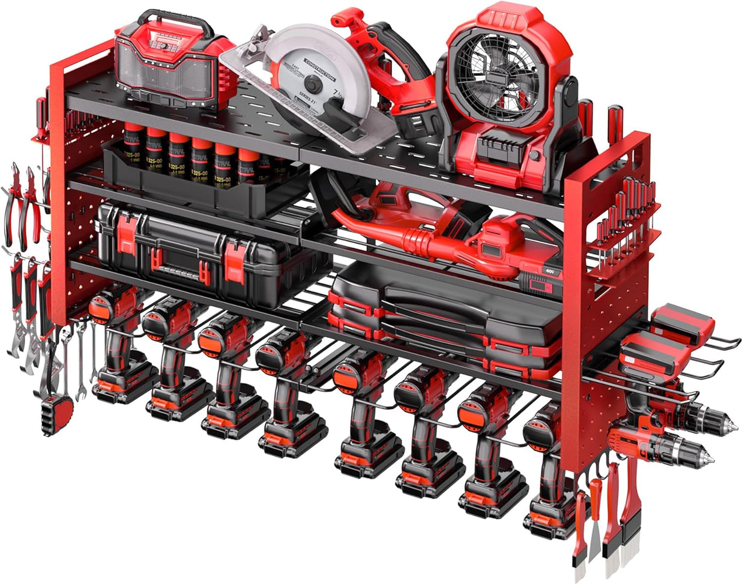 Heavy Duty Power Tool Organizer Wall Mount,Garage Organization with 10 Drill Holder, 4 Layers Tool Organizers and Storage for Workshop,Red