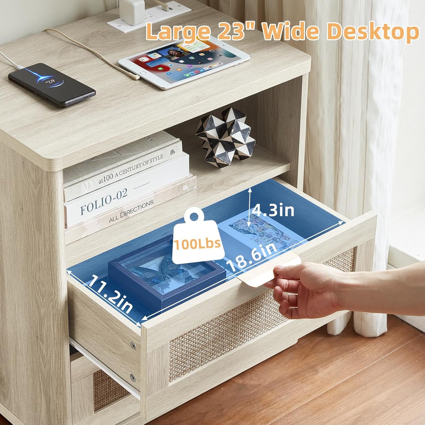 LEYAOYAO Rattan Nightstands with Charger Station, 23" Wide Boho Night Stand with 2 Drawers, Grey White Bedside Table Open Shlef, Bed Side End Table Dresser for Bedroom, Living Room Hallway