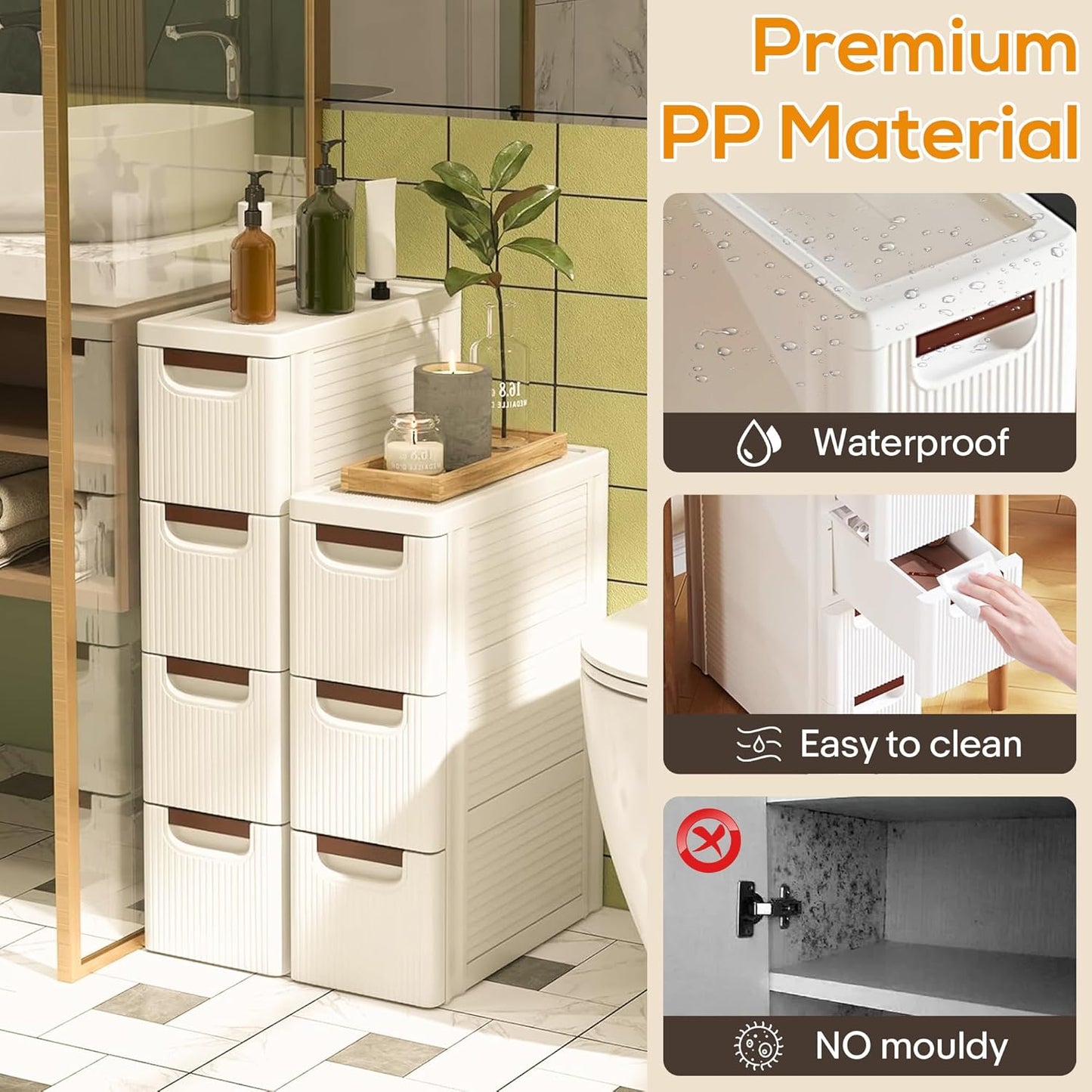 4 Drawers Slim Bathroom Storage Cabinet Dresser, Narrow Plastic Rolling Cart Organizer with Drawers, for Small Spaces, Kitchen, Laundry, Office, Bedroom, White