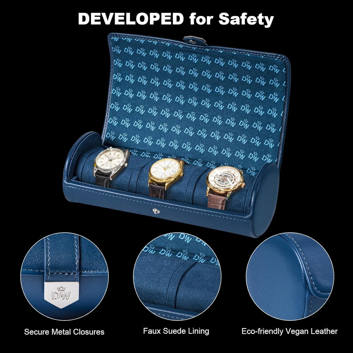 DUKWIN Watch Roll for 3 Watches, Vegan Leather Travel Watch Case Organizer with Removable Pillows for Men and Women,Display Case for Watches Collection and Gift for Anniversary Birthday(Blue Storage)