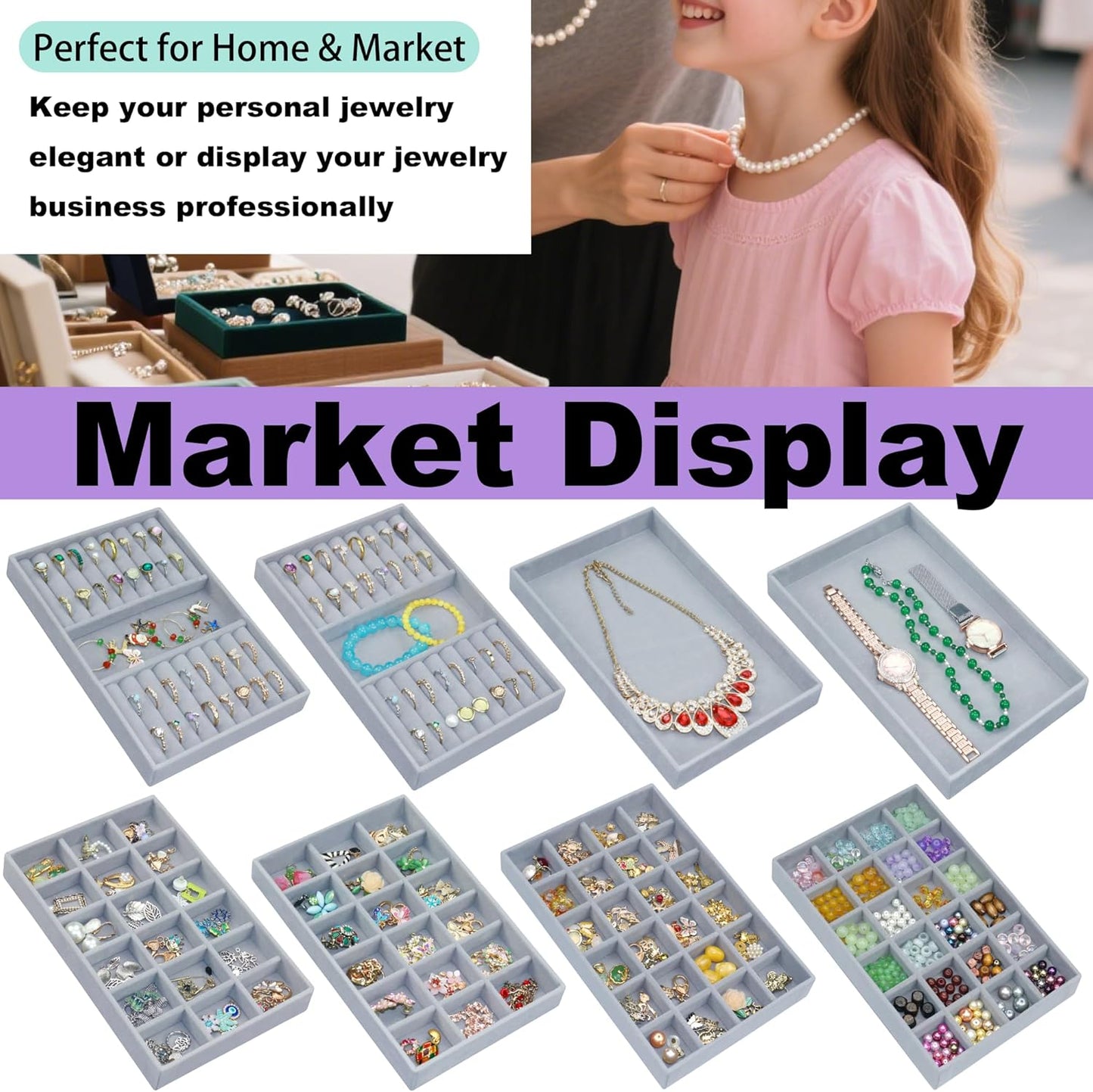 8 Pack Velvet Jewelry Trays X-Large Stackable Jewelry Drawer Organizer 8-Layer Jewellry Tray Set for Earrings, Necklaces, Rings,Bracelets with Removable Divider for Dresser & Vanity