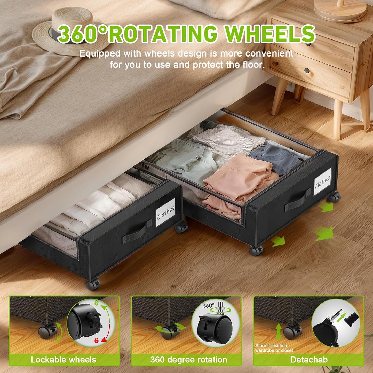 Under Bed Storage with Wheels, 4-Pack Under the Bed Storage Containers with Clear Lids & Label, Underbed Storage Bins, XXL 60L Rolling Metal Drawer for Clothes, Shoes, Toys, Books - Black