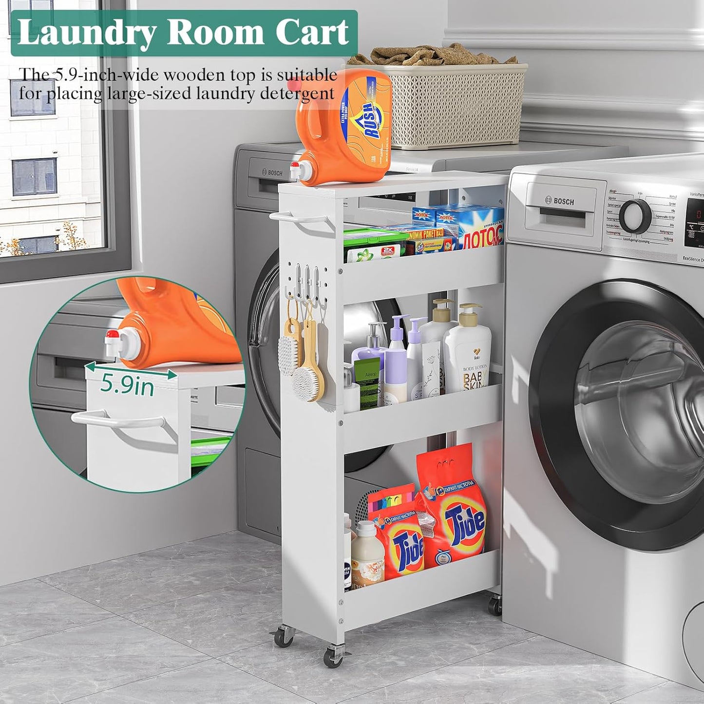 Slim Storage Cart, 4-Tier Kitchen Rolling Cart Narrow Storage Cabinet with Handle & Wheels, Metal Rolling Shelf Unit for Kitchen Bathroom Laundry Small Places (5.9IN White/White)