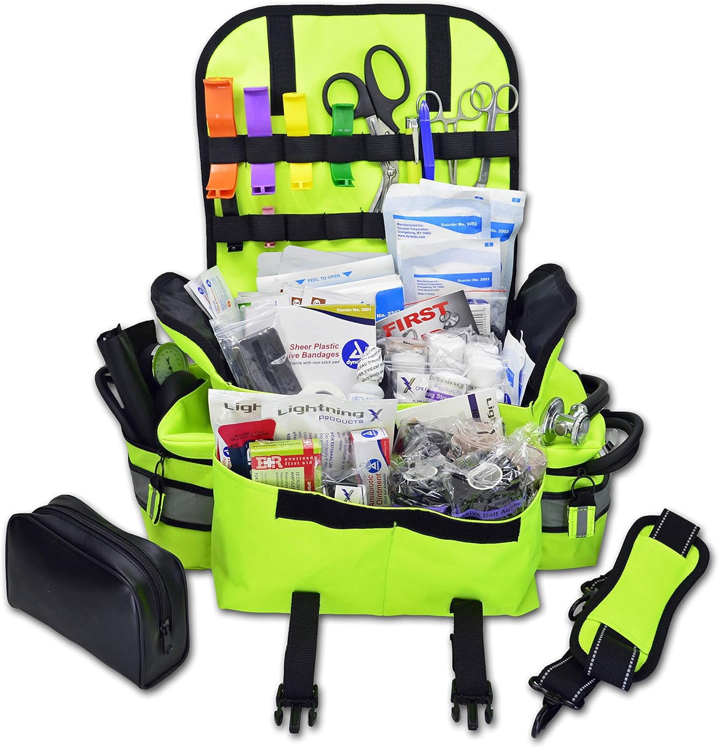 Lightning X Personalized First Responder EMT EMS Trauma Bag w/Stocked First Aid Fill Kit B & Custom Embroidered Name Patch (Fluorescent Yellow)