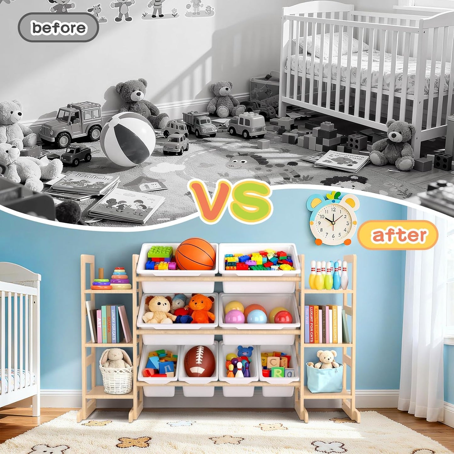 Wooden Toy Storage Organizer for Kids, Multi-Tier Toy Organizer with Bins & Side Montessori Bookshelves, Sturdy Natural Wood Playroom Storage Solution for Toys, Books, Games
