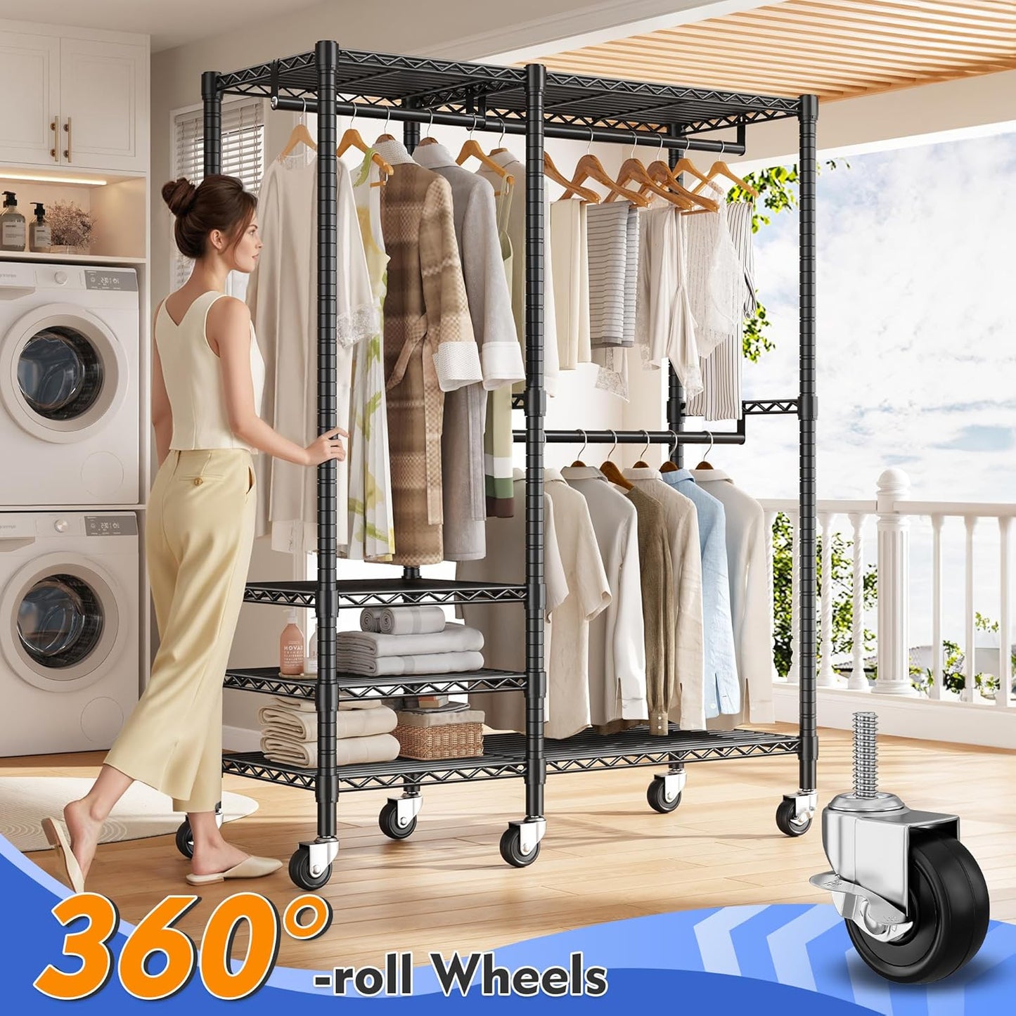 Raybee 79" H Clothes Rack, Clothing Racks for Hanging Clothes, Portable Closet with Wheels and 4 Tiers Adjustable Shelves, Black