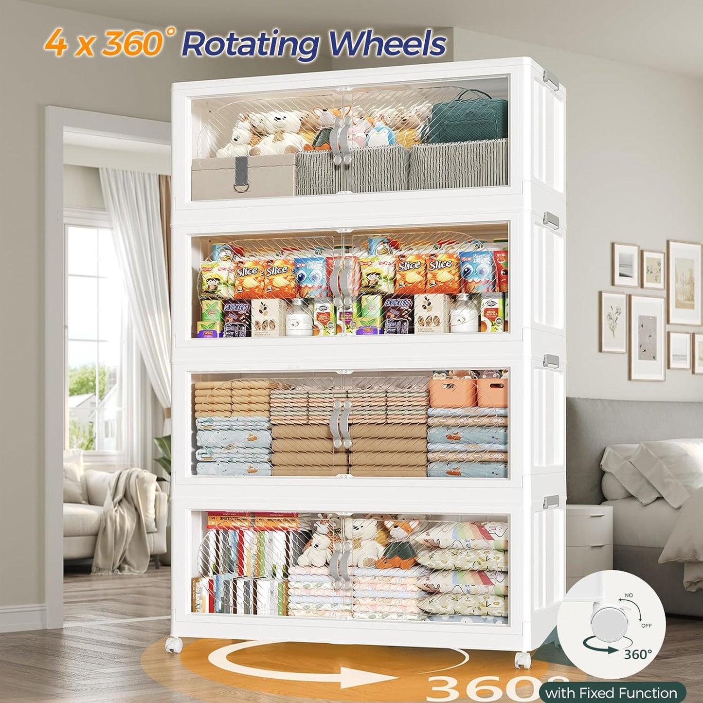 360QT Extra Large Stackable Storage Bins with Lid & Wheels & Doors, 90Gal Foldable Collapsible Closet Organizers, Plastic Cabinet Box Container Drawer for Home Kitchen Bedroom, 3Pack White