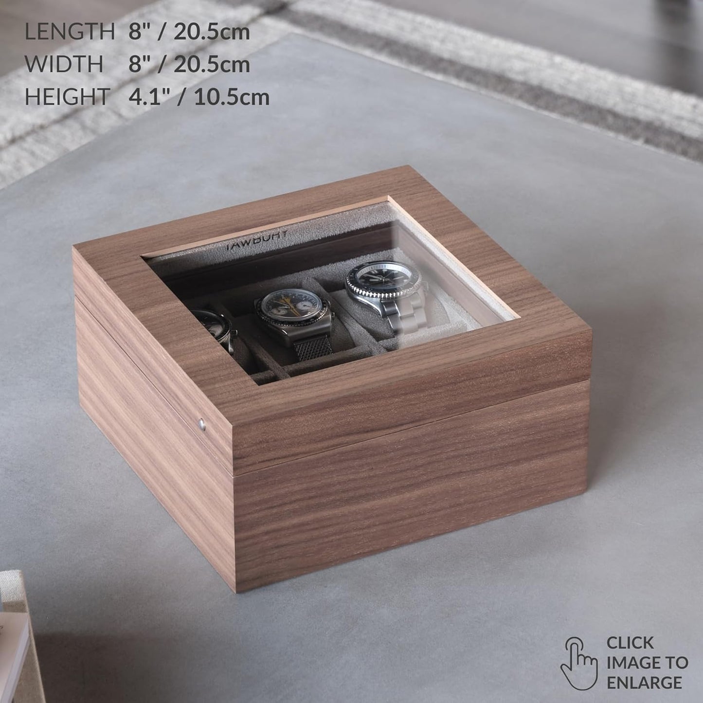TAWBURY Wooden Watch Case - 6 Slot Wood Watch Box for Men & Women with Glass Display, Protective Fully Lined Interior and 2-inch Wide Pillows for Large Watches (Light Walnut)