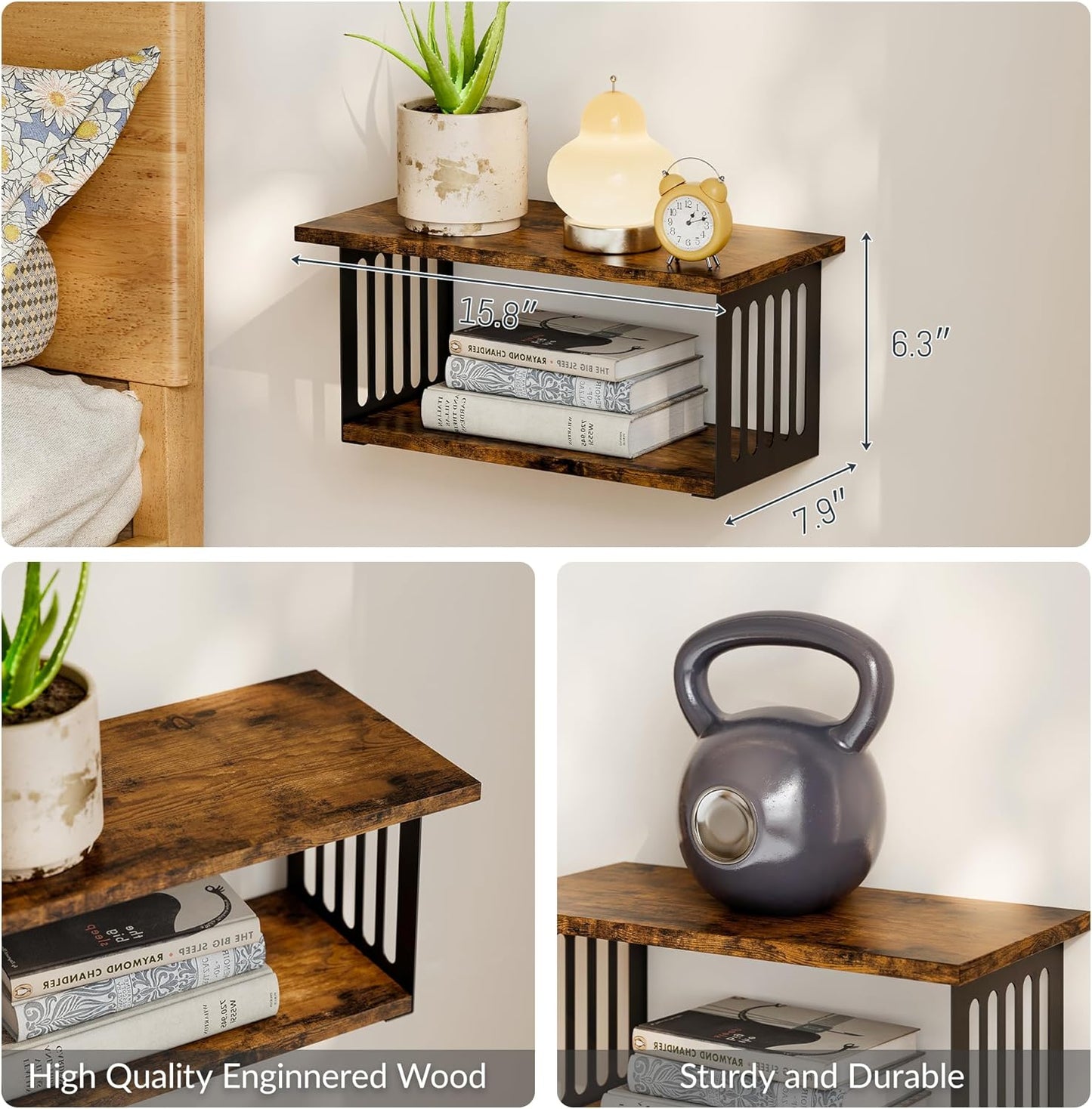 Floating Nightstand Set of 2, 2-Tier Floating Shelves Wall Mounted,Floating Bedside Table Wall Shelf,Display Wall Shelves for Bedroom,Living Room, Bathroom, Kitchen,Rustic Brown