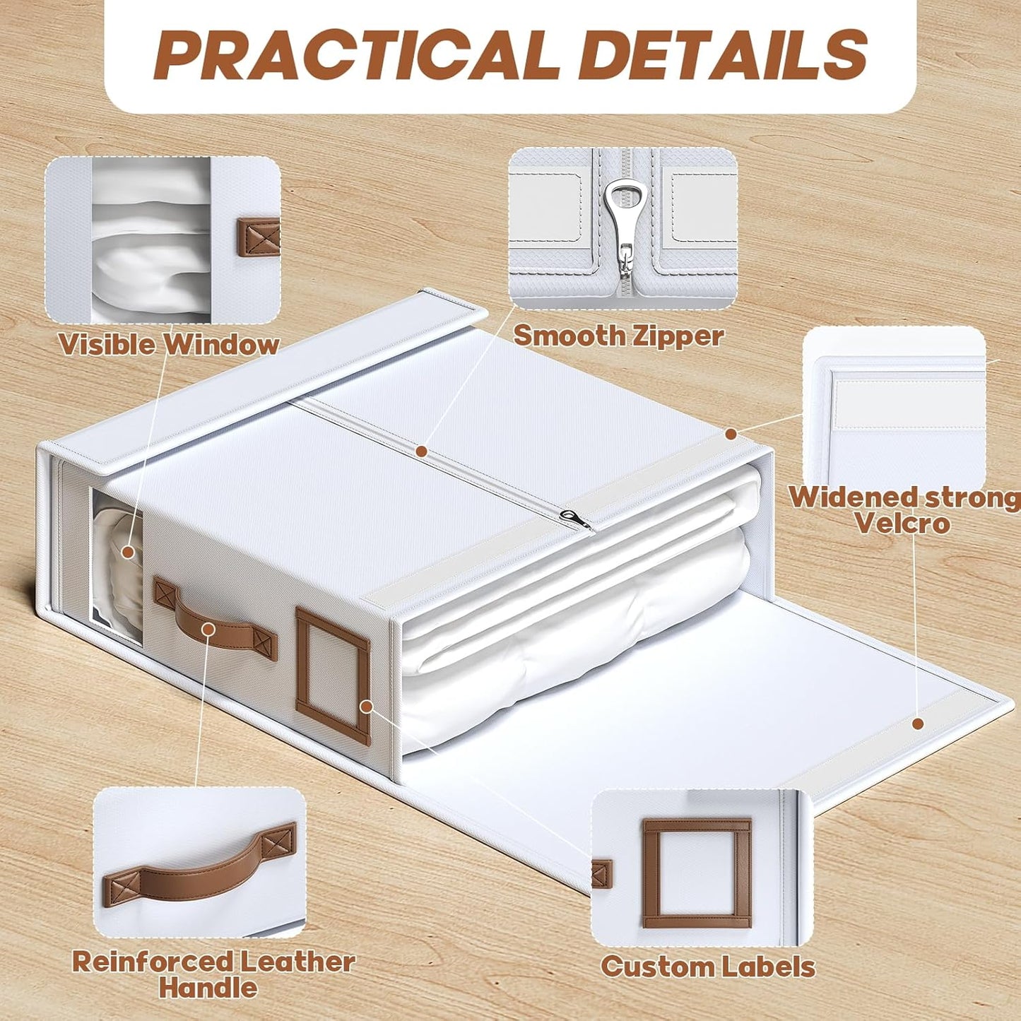 BigPonpPon 8 Pack Bed Sheet Organizers And Storage(Cal King Size) With Leather Handles,Foldable Linen Closet Organizer With Clear Window,Bedding Storage Box For Blanket,Sheets,Duvet Cover-White