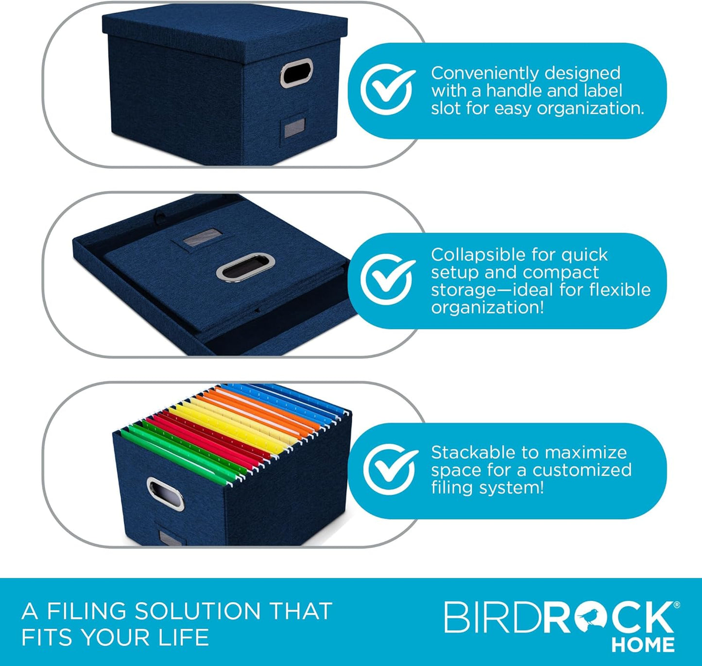 Internet's Best Collapsible File Storage Organizer - Decorative Linen Filing & Storage Office Box - Letter/Legal - Navy - 1 Pack