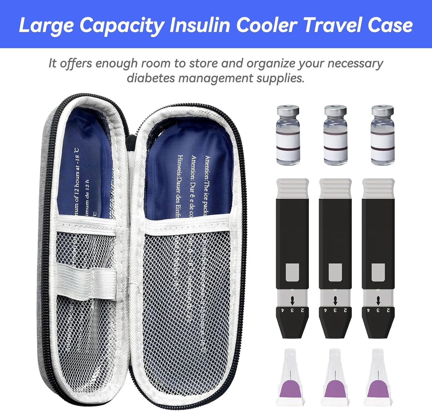 Insulin Cooler Travel Case with 2 Ice Packs, Portable Medication Diabetic Cooler Organizer Bag for Daily Life and Trip Use, Grey (Grey, Hard Case)