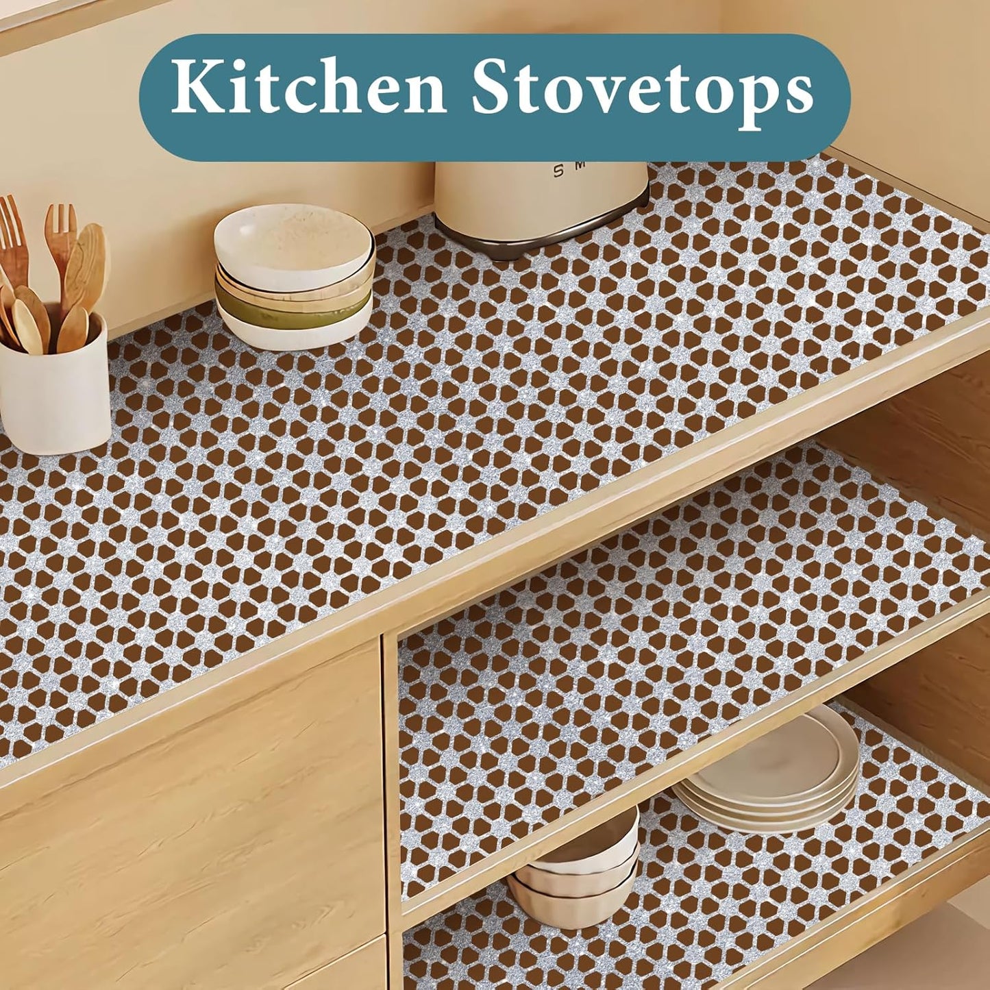Drawer and Shelf Liner for Kitchen Cabinet: 17 in X 20 Ft Non Slip Waterproof Shelf Paper Non Adhesive Refrigerator Liners Silver Square Easy Liners for Bathroom with Knife Tape Measure