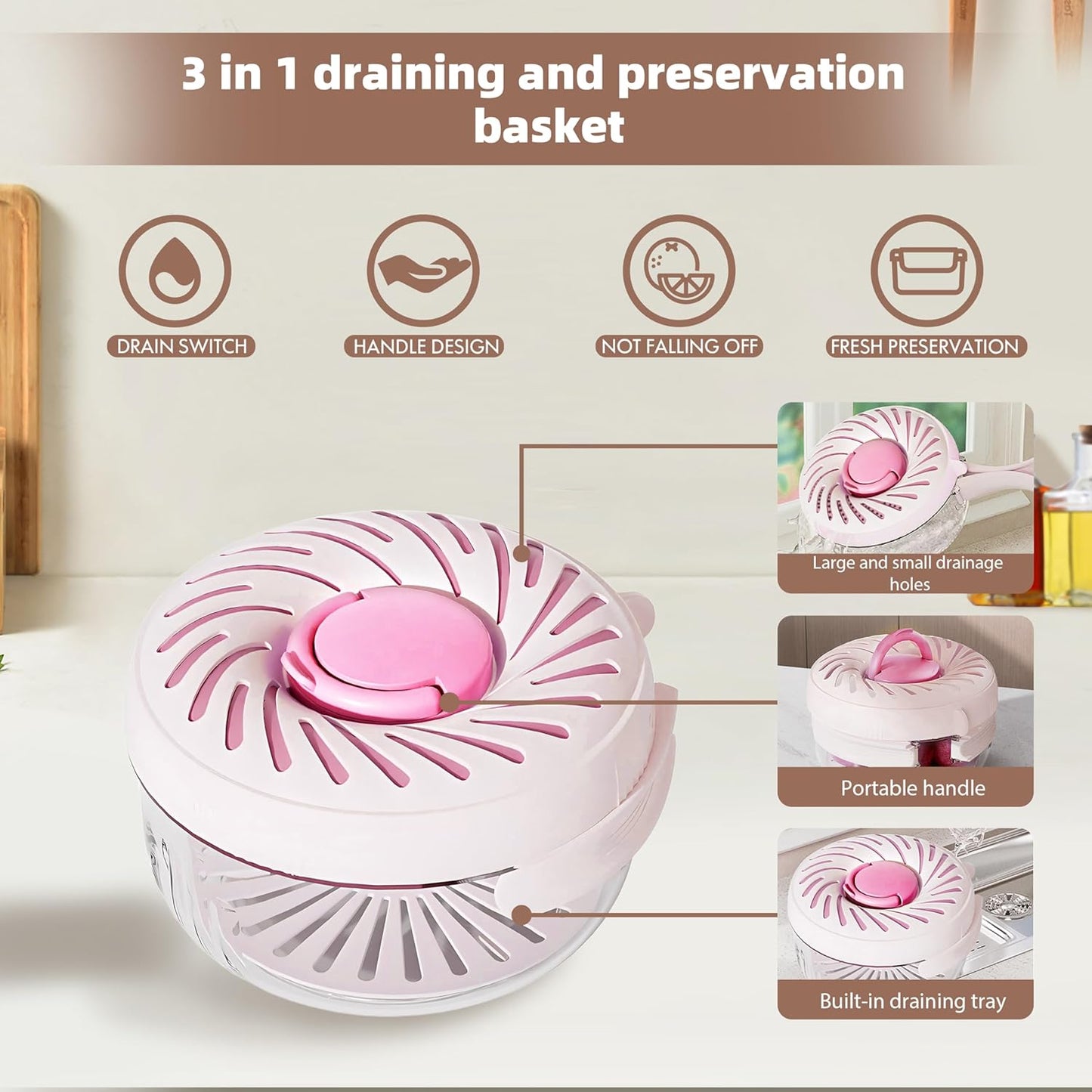 2025 New Upgrade Large Fruit Washing Bowl with Strainer(2.85QT),3 in 1 Multipurpose Drain Basket with Lid & Ice Box,Foldable Handle Fruit Strainer Perfect for Fridge Storage and Outdoor Picnics